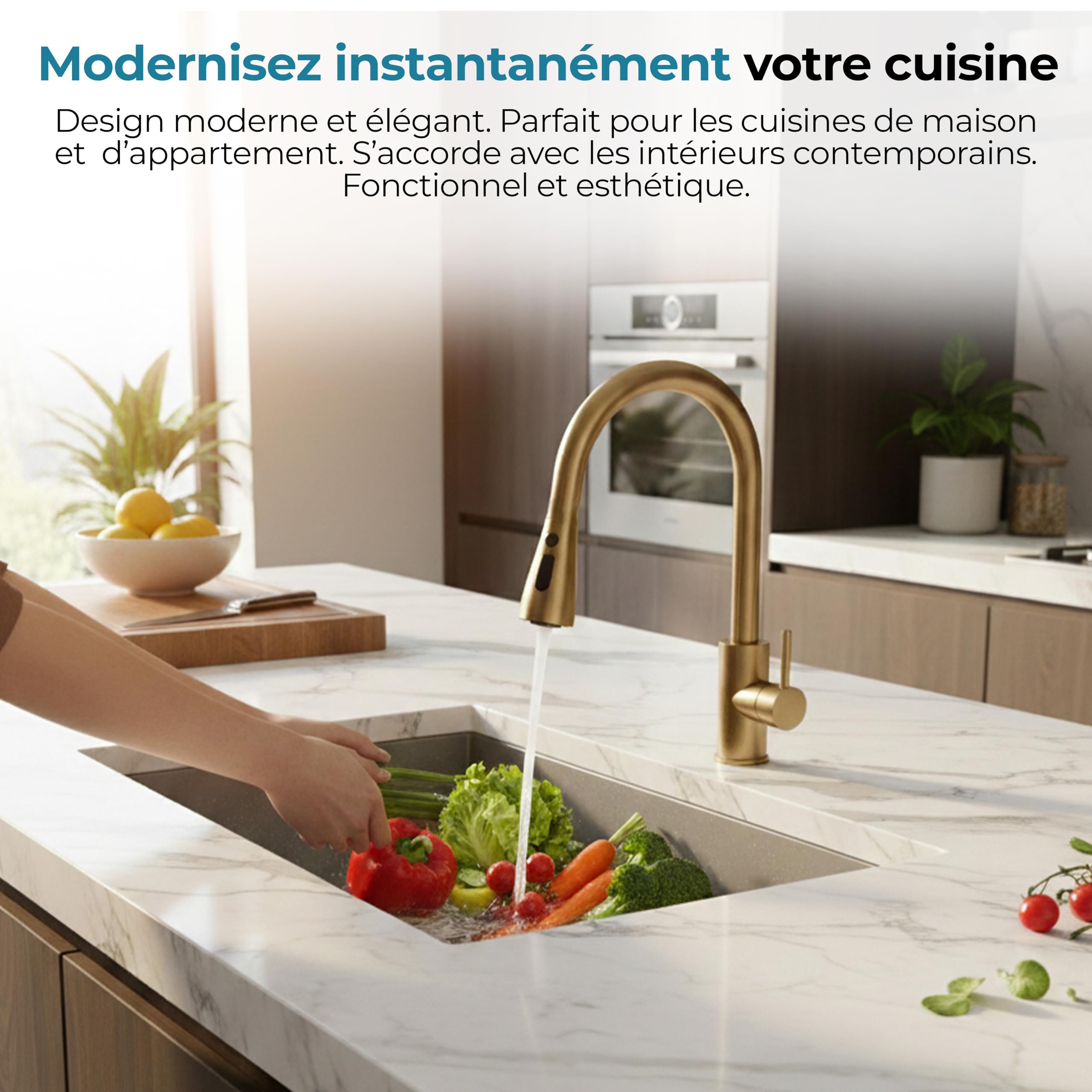 MELTA.® Robinet Cuisine Or Brossé Douchette Extractible Pivotant 360° – Mitigeur Cuisine Évier Arc Élevé en Acier Inoxydable, Robinet Flexible avec 3 Modes Jet, Tête Pulvérisation Extractible