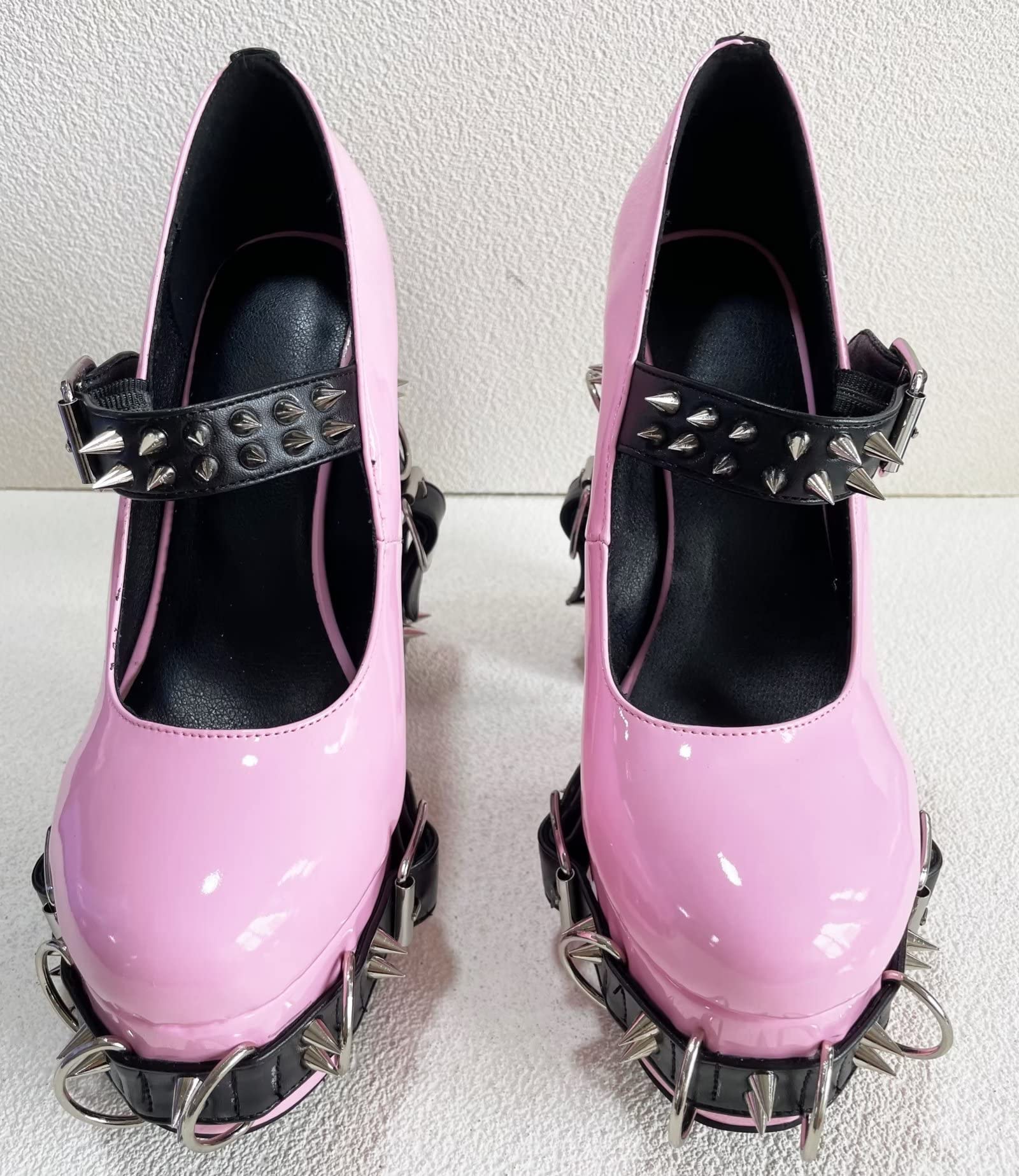 Frankie Hsu Women's Gothic Large Size Black Patent Leather Buckle Belt Ring Rivet Shinny Sexy Platform Chunky High Heels Ankle Strap Heeled Bootie Shoes: 10 Pink