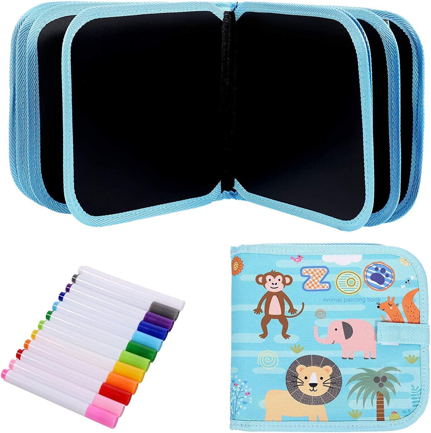 UTRIORIX Reusable Drawing Book Board, Easily Erasable Book, 6 Sheets Double-Side Drawing Pages, Coloring Book with Water Chalk Kid Painting Blackboard (12 PCs Color + 2 Wet Tissue) (Zoo)