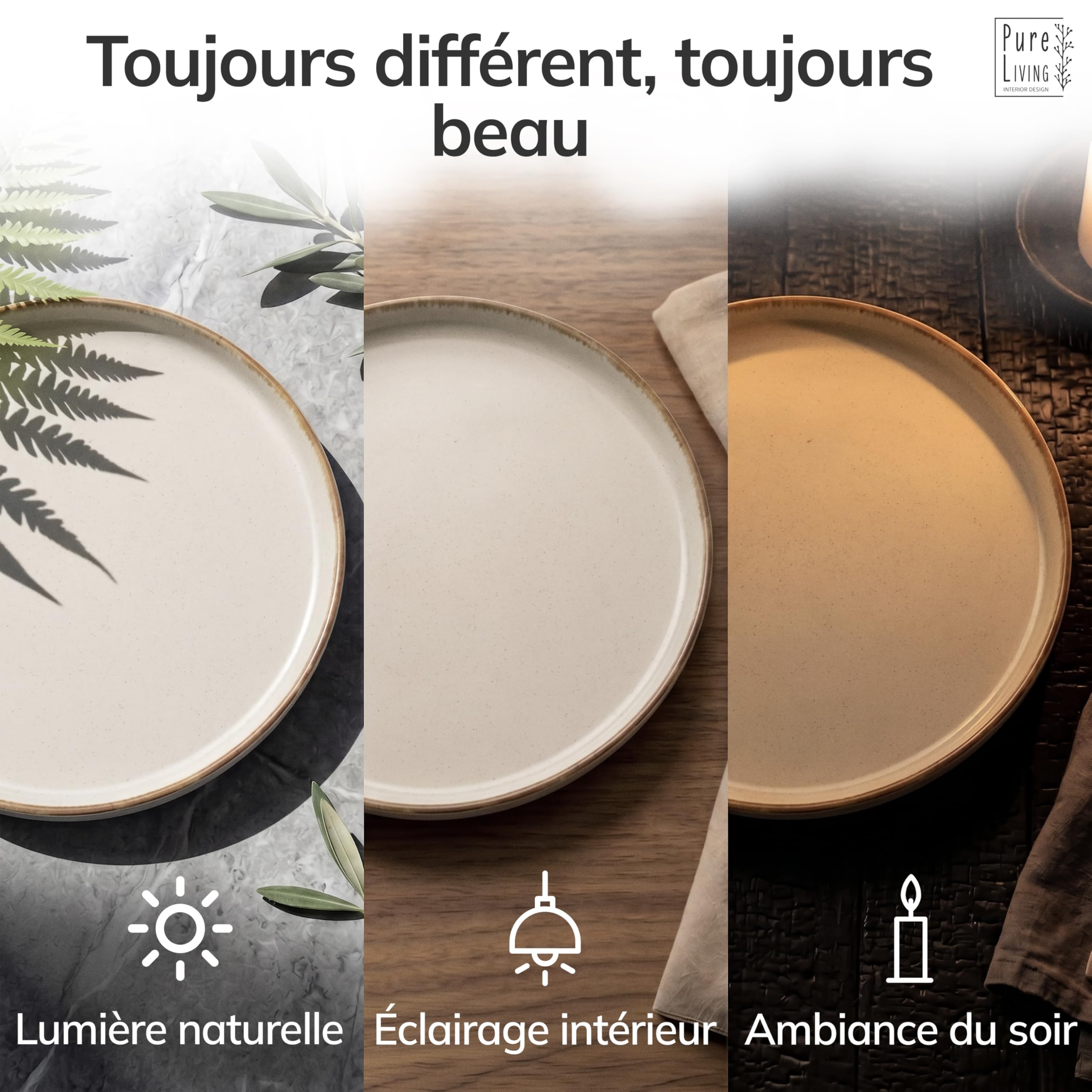 Pure Living Service de table en faïence rustique pour 6 personnes 24 pièces Vainqueur du test Style maison de campagne Service de table en faïence de qualité supérieure Beige
