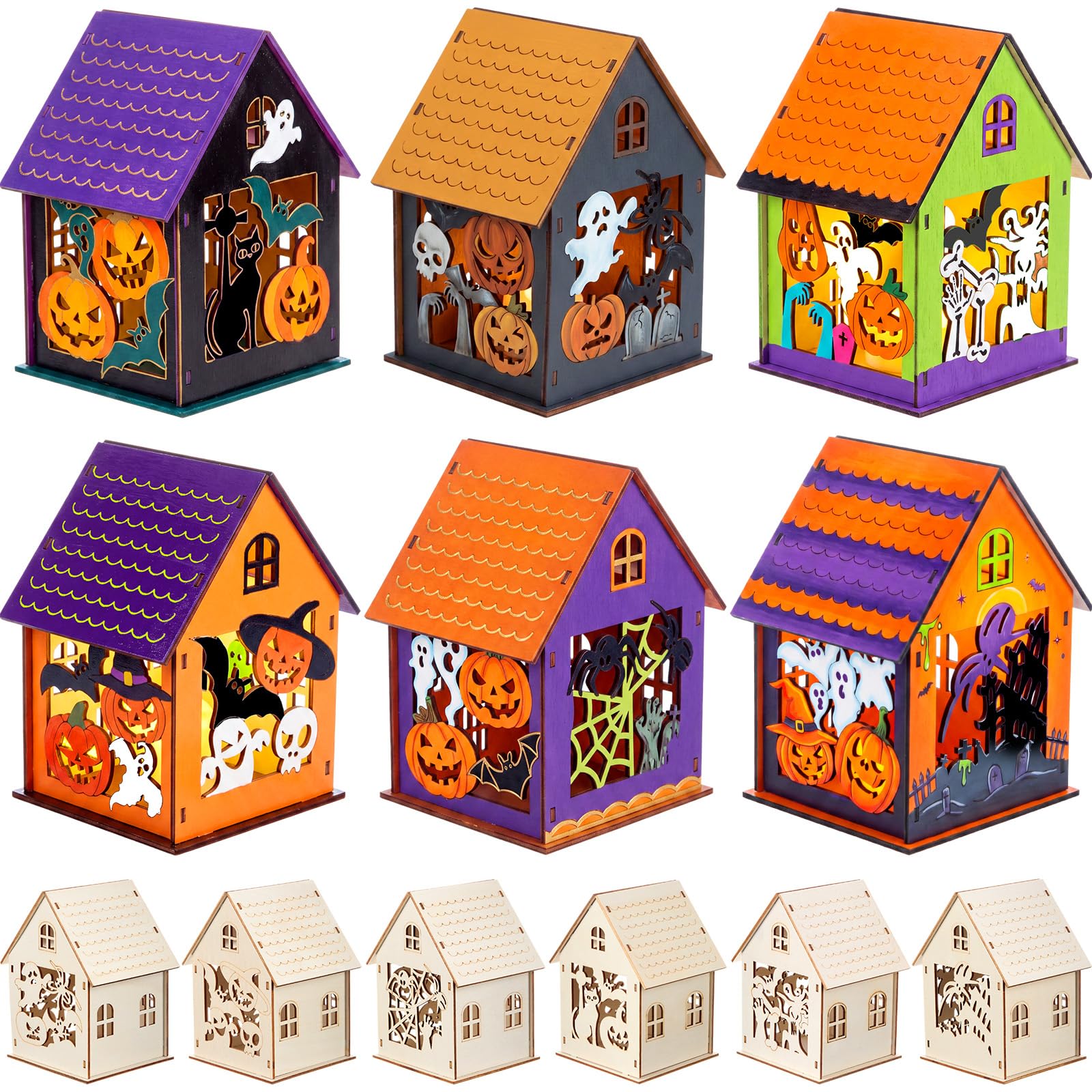 Jenaai Lot de 24 maisons d'Halloween en bois à faire soi-même - Maison hantée en vrac - Ensemble de village 3D en bois - Citrouille fantôme - Artisanat à peindre pour enfants - Cadeau de salle de