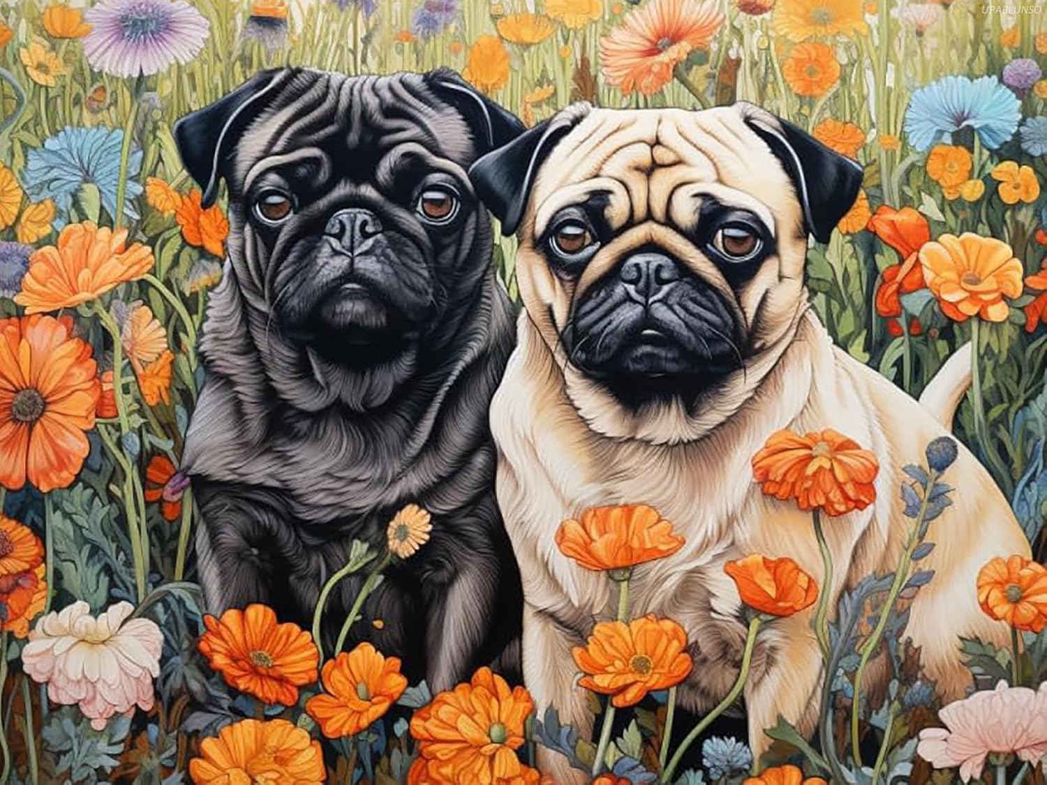 UPABLUNSO 5D Diamond Art Painting Kits by Number for Adults Flowers Pug Diamond Art Full Round Drill Crystal Rhinestone Embroidery Cross Stitch Craft Kits for Home Wall Decor Gifts 12x16inch