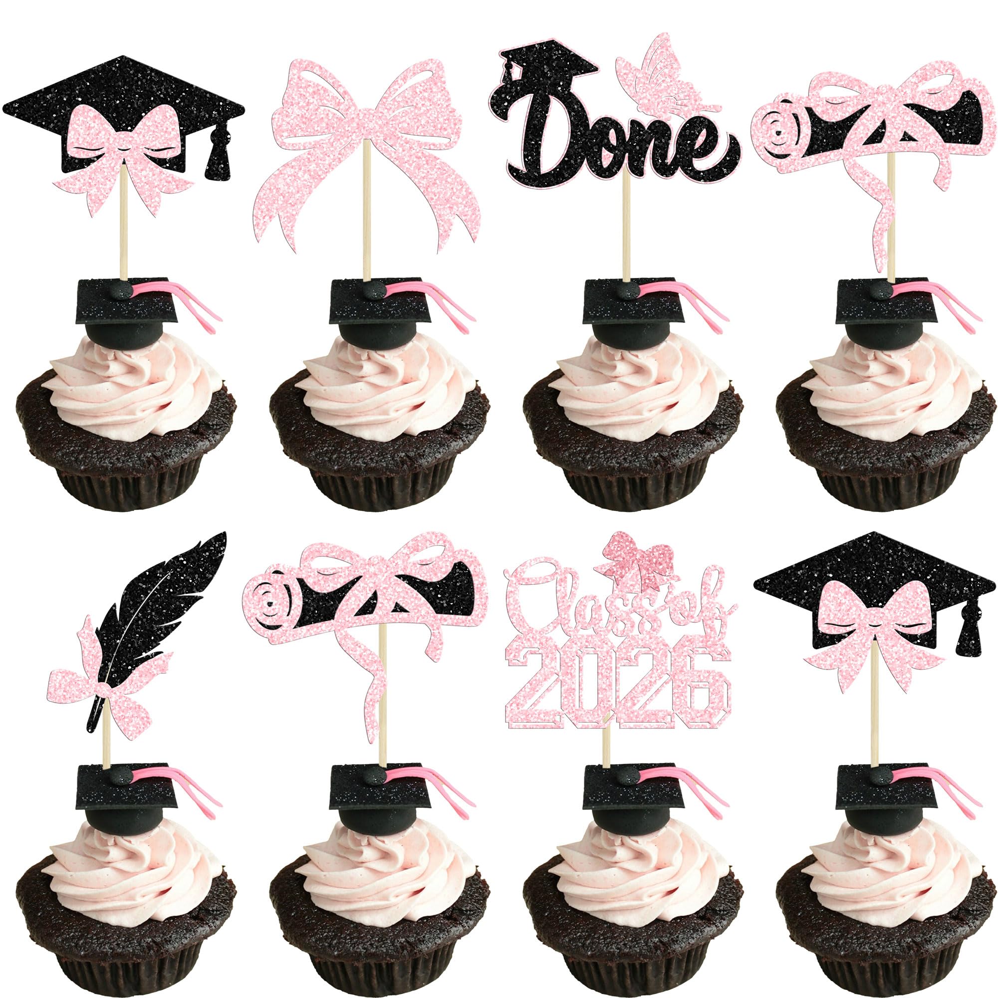 Gyufise 24Pcs 2026 Graduation Theme Cupcake Toppers Class of 2026 Cupcake Picks Butterfly Bow Diploma Congrats Grad Cake Decorations for 2026 High School College Girl Grad Party Supplies Light Pink 2 — image 1