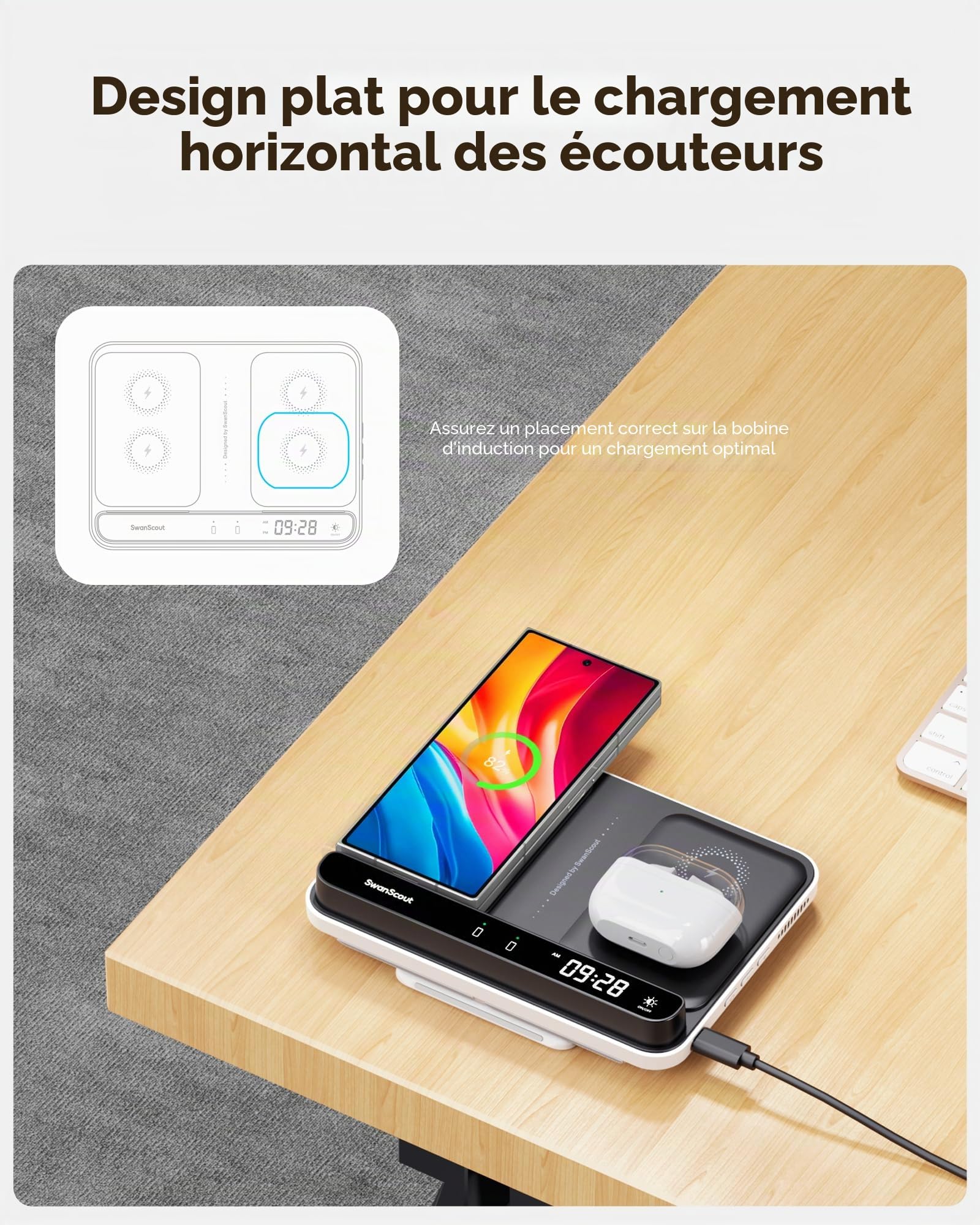 Chargeur Induction pour Samsung Z Fold 8 Ultra/7/6/5/4 (Not for Z Fold 8) | Station de Charge pour Galaxy Z Fold 6/5/4/3/2/1, Pixel 9 Pro Fold/Pixel Fold, Galaxy Buds, SwanScout 504F