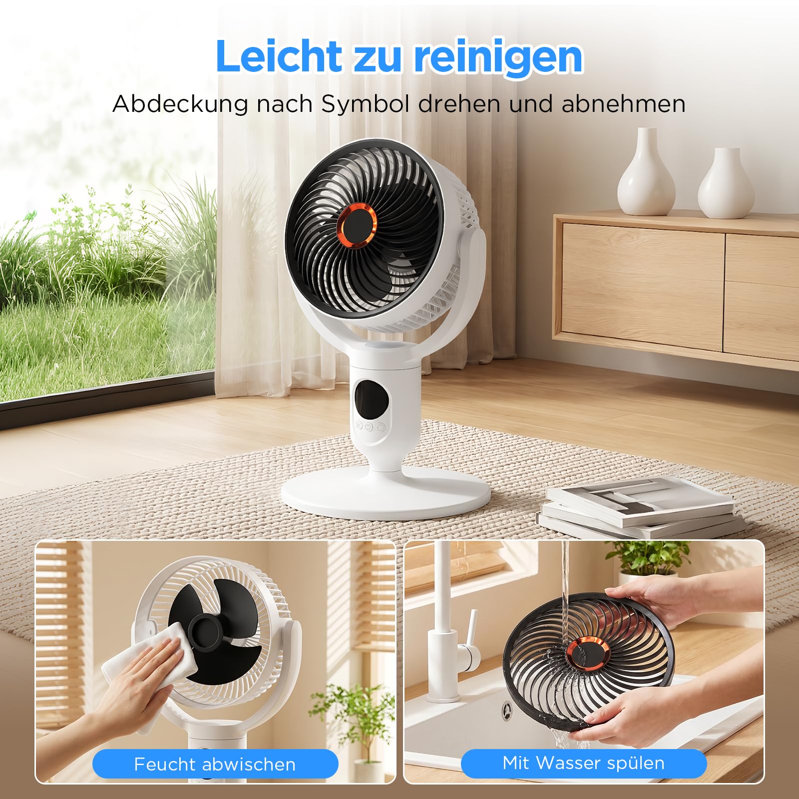 Lepwings Standventilator Leise mit Fernbedienung, 2-in-1 Akkuventilator 10400 mAh, USB-C wiederaufladbar, 90° Oszillation & 120° Neigung, Tisch- und Standventilator für Schlafzimmer, Büro & Camping