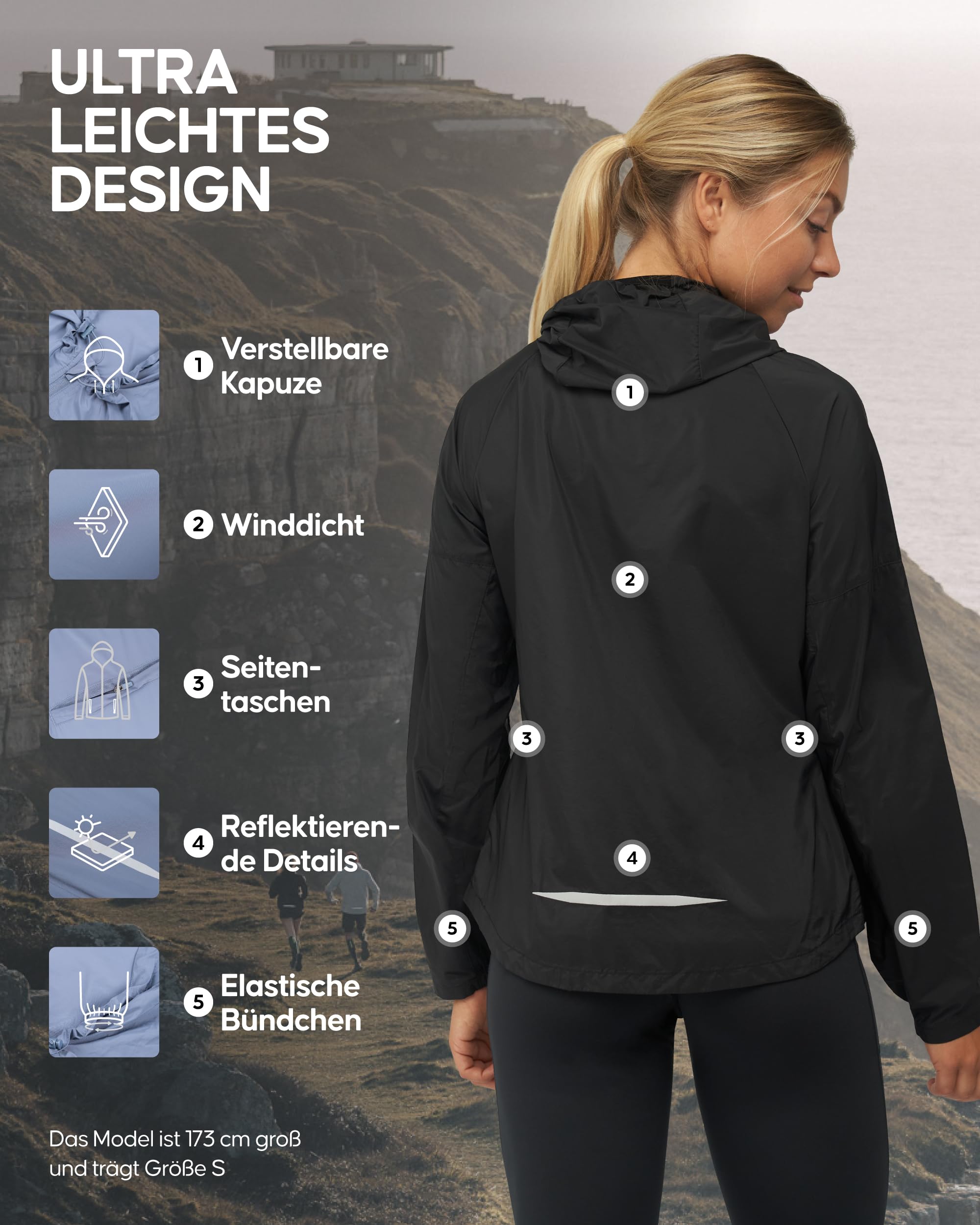 DANISH ENDURANCE Windbreaker-Jacke mit Kapuze, Faltbare Laufjacke aus recycelten Materialien, Atmungsaktive Sportjacke, Winddicht & Leicht, für Damen