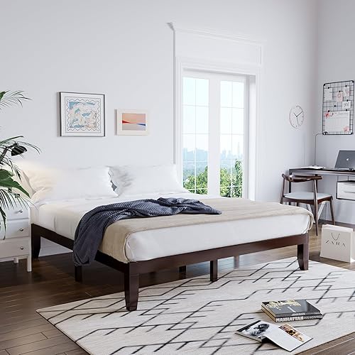 Miniatura 72 de Giantex Base de cama de plataforma de madera matrimonial de 14 pulgadas, base de colchón de estilo minimalista con madera de goma maciza, soporte de