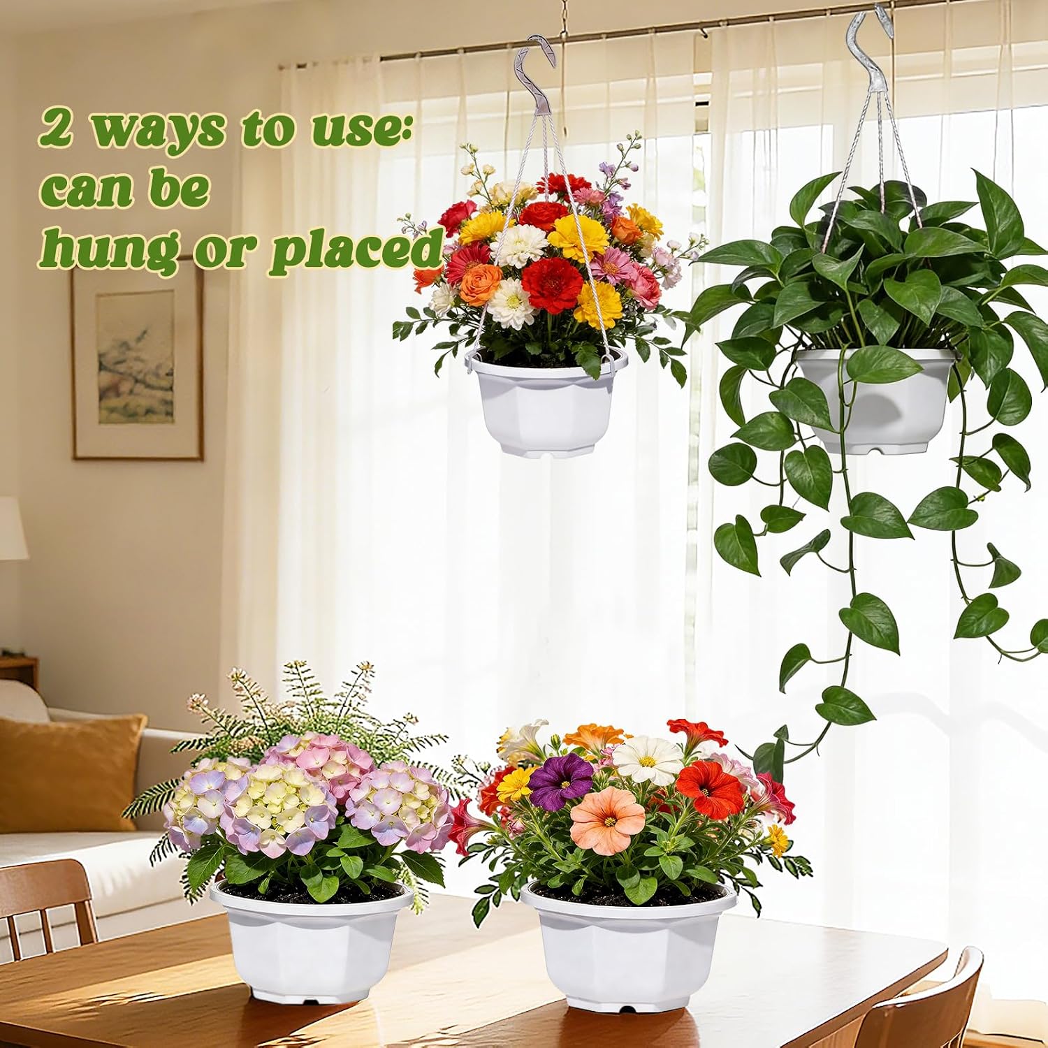 4 Pieces Plastic Hanging Planters, 6.7 x 5.5 Inch Hanging Flower Basket with Hook Hanging Nursery Planter Holder Small Flower Pots for Outdoor Indoor Plant Garden (White)