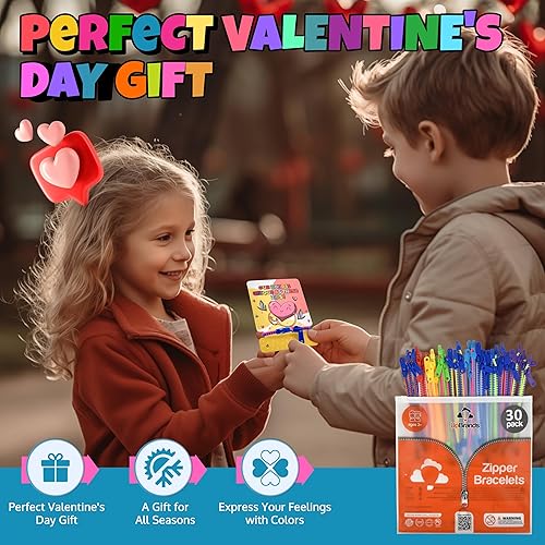 Miniatura 3 de UpBrands 30 tarjetas del día de San Valentín para niños, pulseras con cremallera y juguetes de fiesta, regalos de San Valentín a granel para niños,