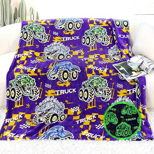 Glow in The Dark Truck Car Blanket for Boys - Soft Fleece Glowing Tractor Throw for Kids - Bed Sofa Room Decor Gift