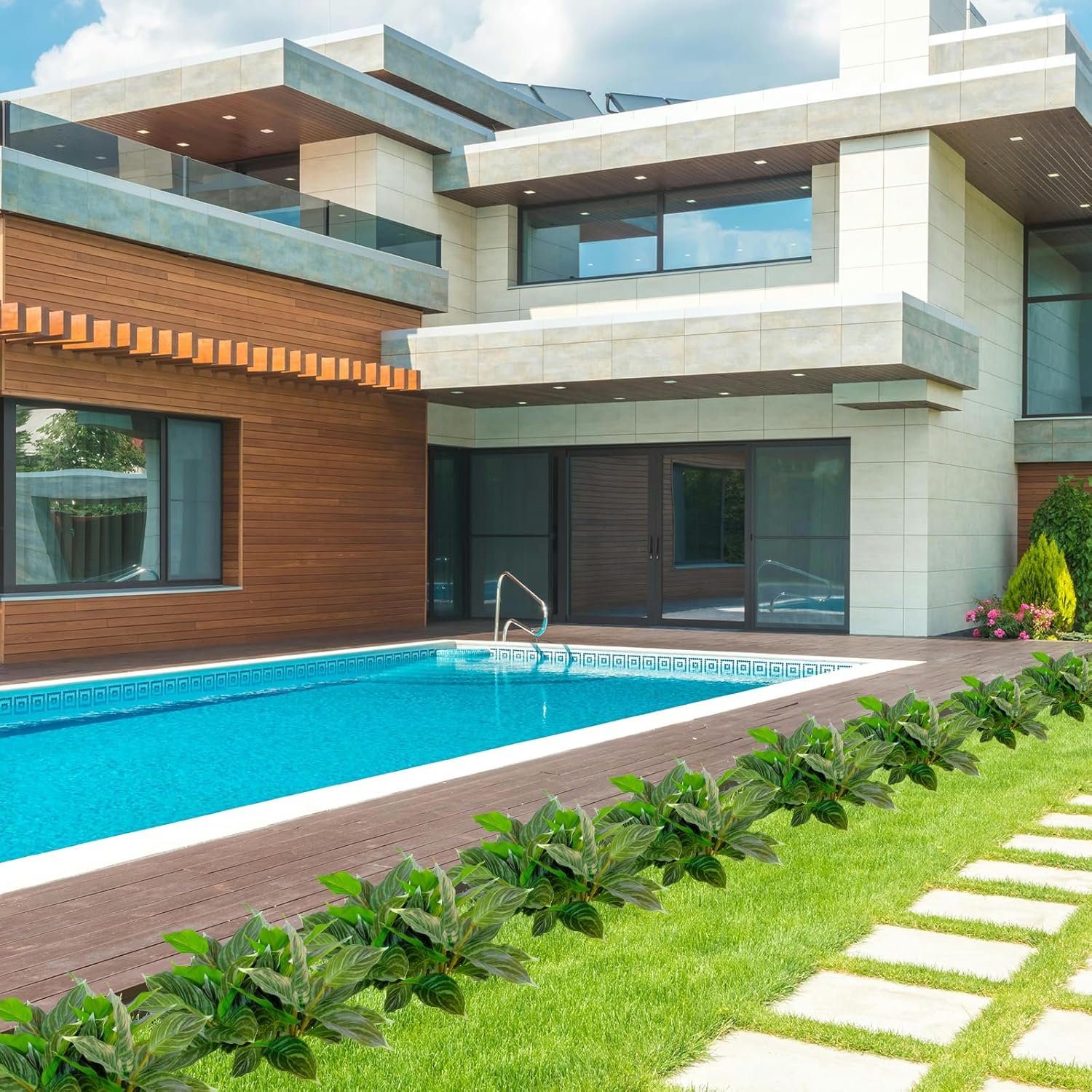 4 Pcs Artificial Hosta Plants Outdoor, 16" Fake Tropical Green Plants, UV Resistant, Realistic, Faux Green Leaf Stems for Home Offices Outside Porch Patio Balcony Garden Indoor Table Décor