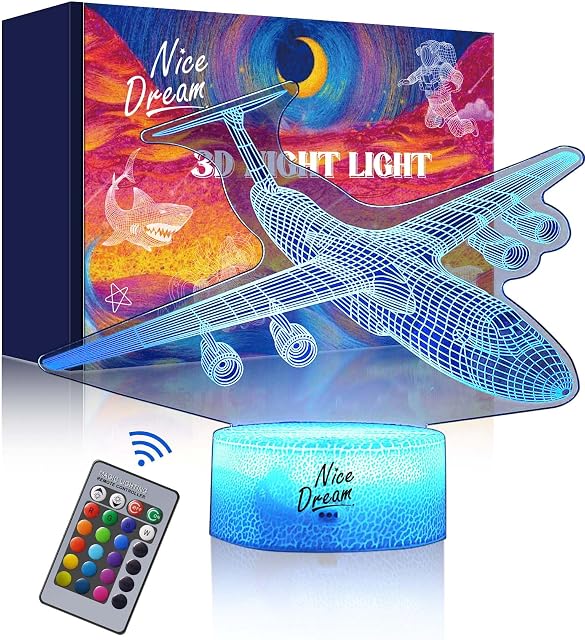 Nice Dream Airplane Night Light for Kids, 3D Illusion Night Lamp, 16 Colors Changing with Remote Control, Room Decor, Gifts for Children Boys Girls