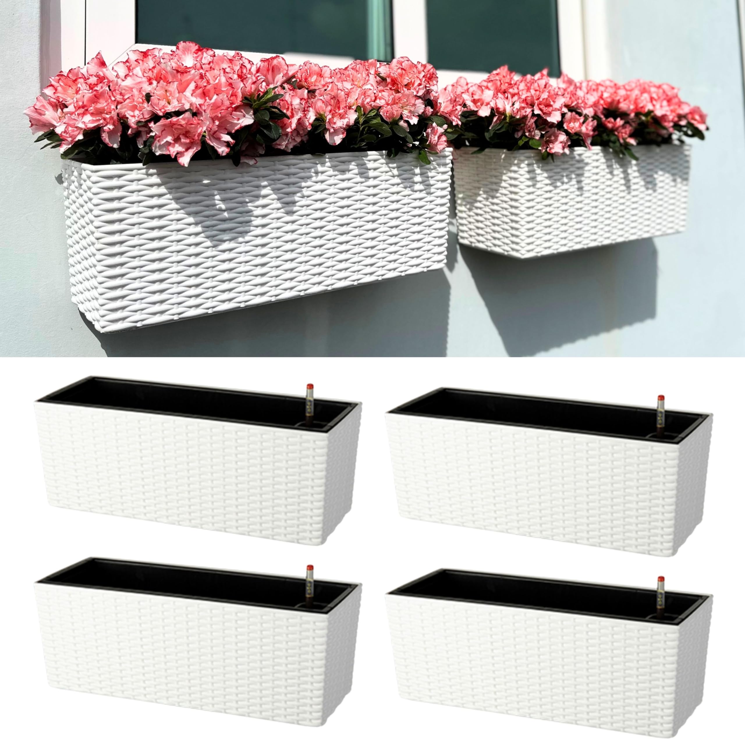 LaLaGreen Window Boxes Planters (20 Inch, 4 Pack) Outdoor Wall Hanging Flower Box with Bracket, Vertical Wall Mounted Self Watering White Rectangular