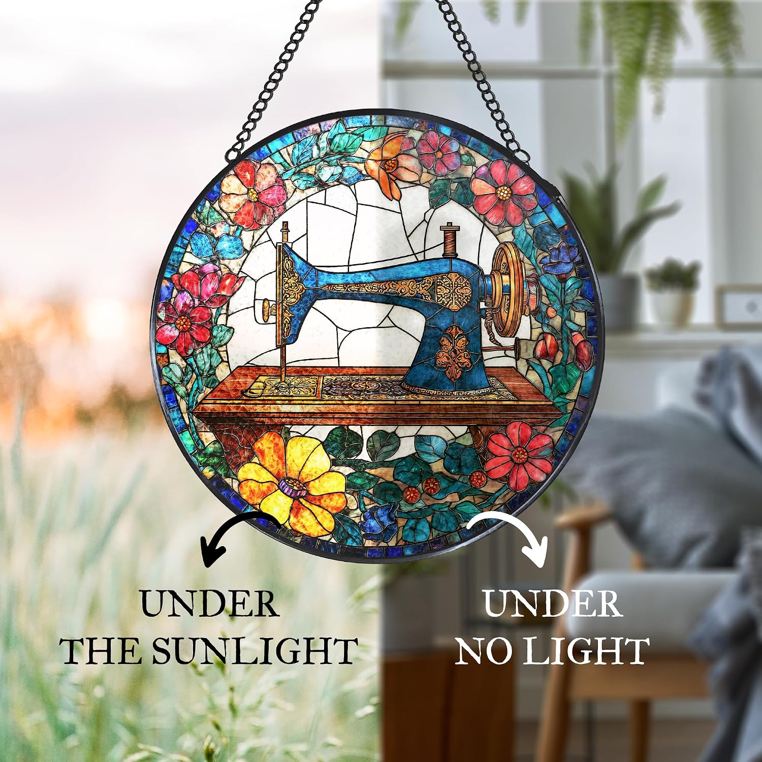 Sewing Stained Glass Window Hanging Suncatcher, Quilter Sun Catcher Indoor Window Decor Gift for Sewing Lovers, Vintage Garden Painted Glass Round Wall Hanging Decorations, 7.8x7.8 in
