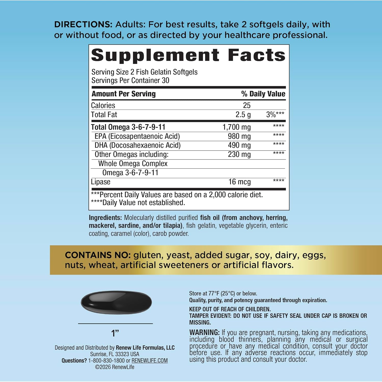 Renew Life Norwegian Gold Critical Omega, Omega-3 Fish Oil, 60 Burp-Free Softgels (Pack May Vary)