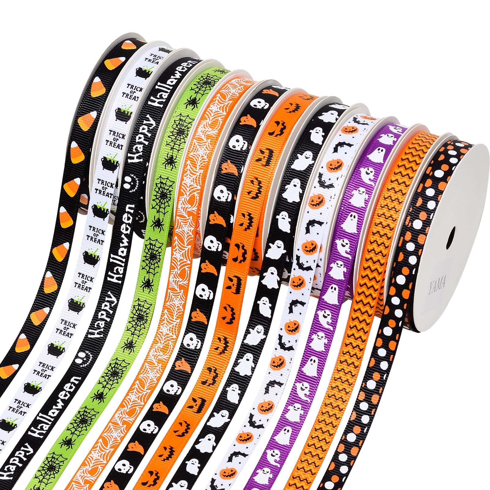 YAMAHalloween Ribbon Thin Grosgrain 3/8 Inches Ribbon Set for Crafts Gift Wrapping Home Decor 12 Rolls 60 Yards