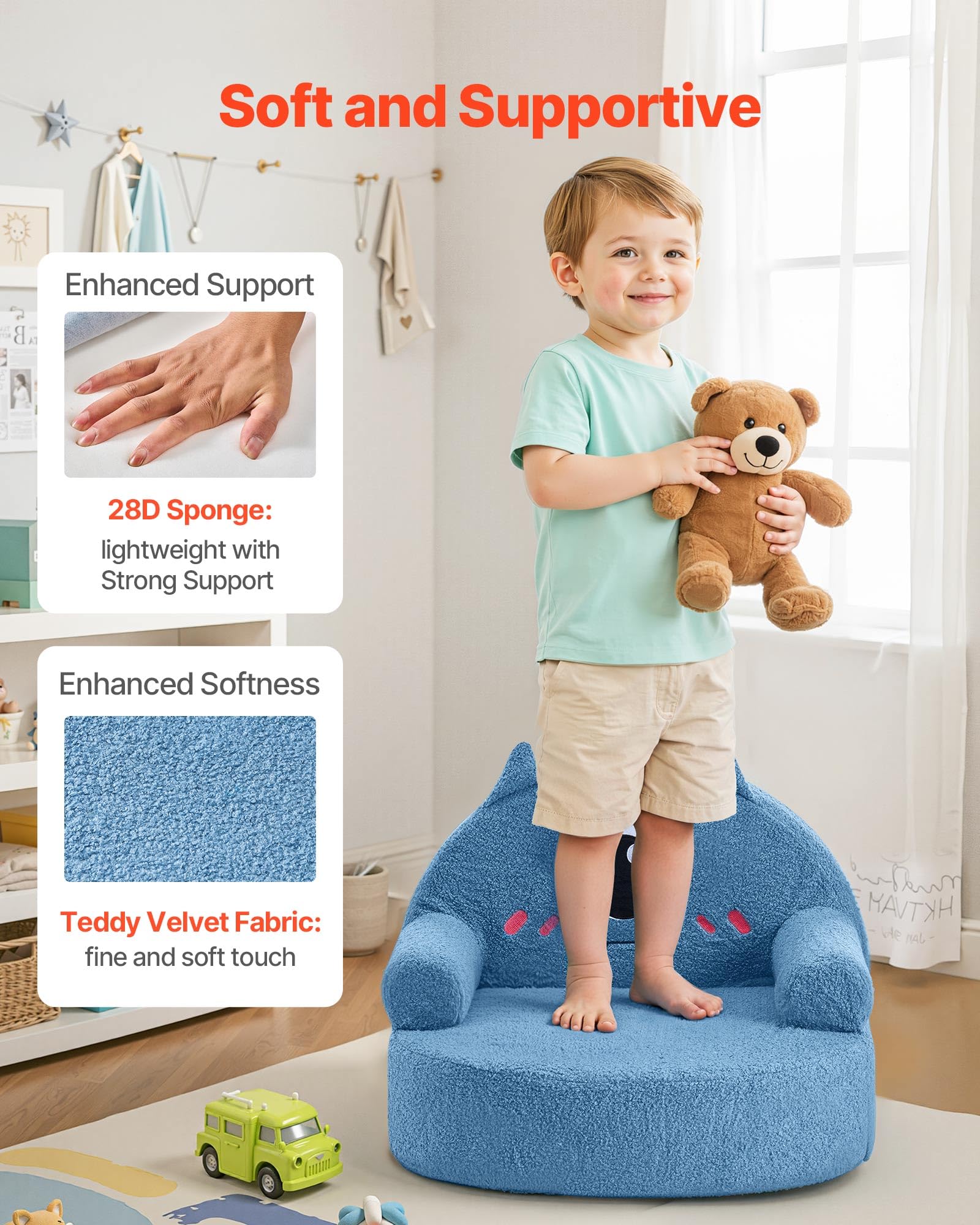VEVOR Divano per Bambini, Poltrona in Schiuma Stile Mostro con Braccioli, Sedia per Bambini Mobile e Lavabile, in Spugna 28D e Peluche per Sala Giochi, Camera da Letto, Soggiorno, Blu