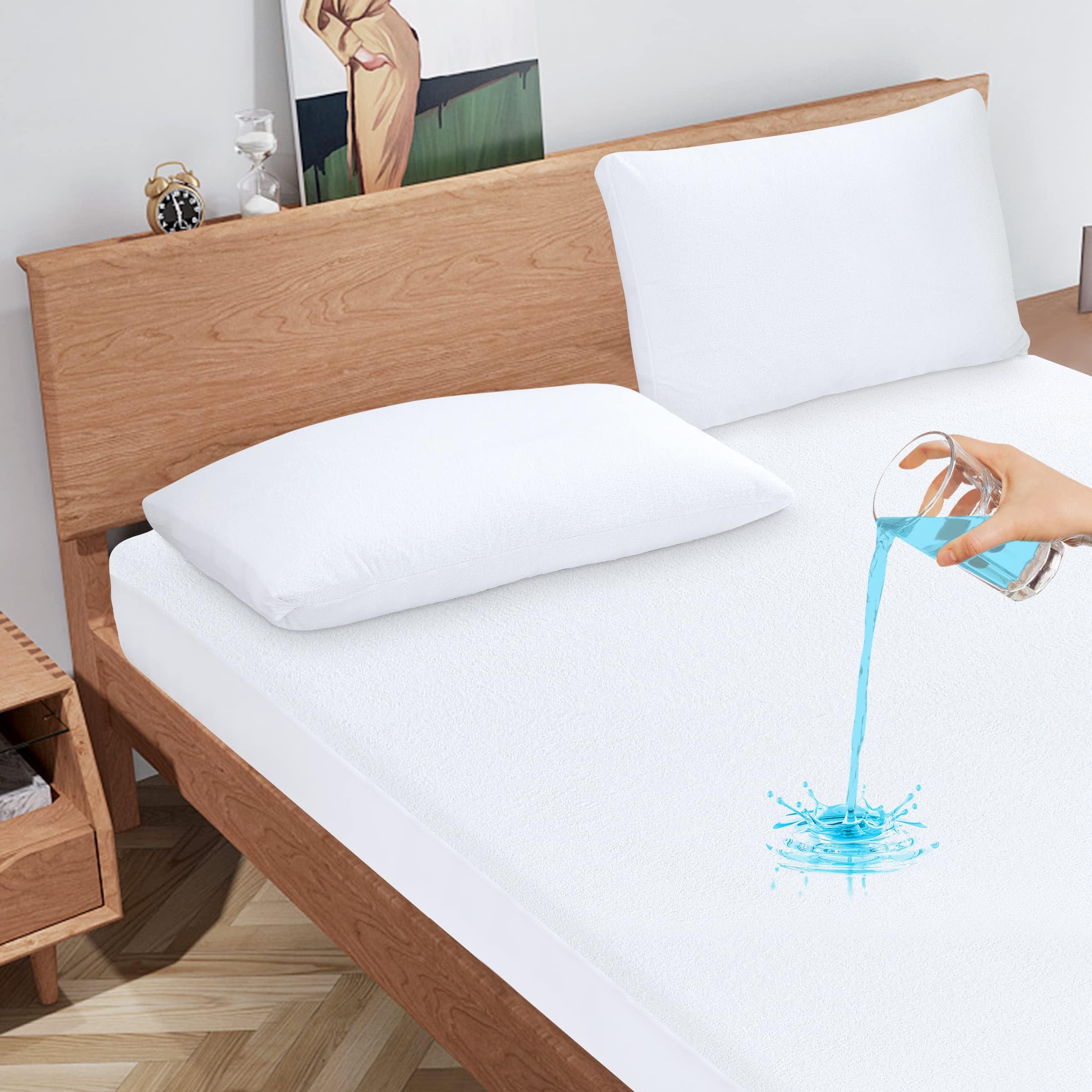 Queen Mattress Protector Waterproof Breathable Noiseless Mattress Cover, Premium Soft Bed Cover with Deep Pocket Fits Up to 21", Cotton Terry Machine Washable Mattress Protector