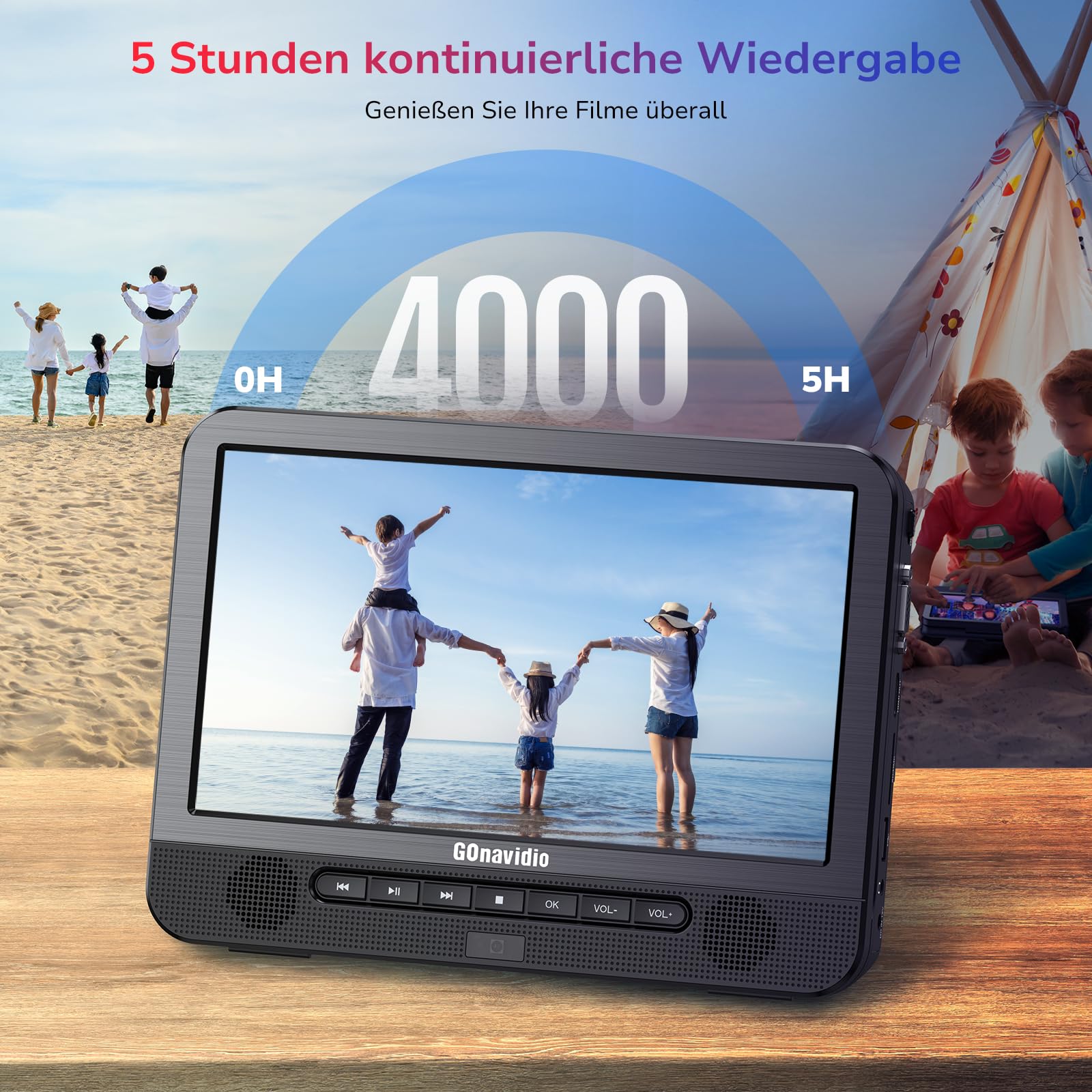 GOnavidio Blu Ray DVD Player Auto 2 Bildschirme 10,5" Mit 5 Stunden Akku HDMI-Ausgang, tragbarer Bluray DVD Player Auto Fernseher, Surround-Sound Effekt Mit AV IN- und AV Out-Funktion
