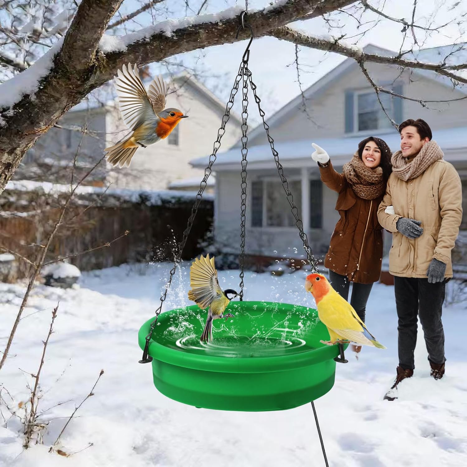 HRAYLTOP Hanging Heated Bird Bath for Outdoors for Winter, 75W Heated Bird Baths with Detachable Power Cord,Thermostatic Control Available All Seasons for Garden Yard Patio Lawn（Green）