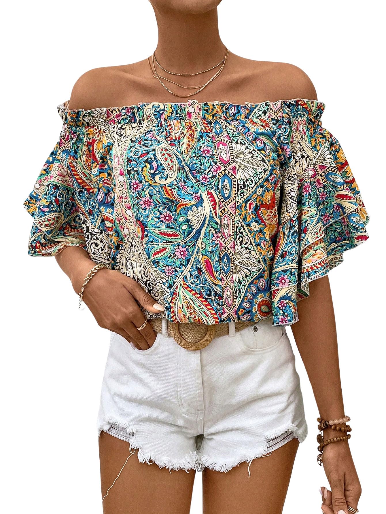 Floerns Women's Boho Off Shoulder 3/4 Bell Sleeve Summer Blouse Top