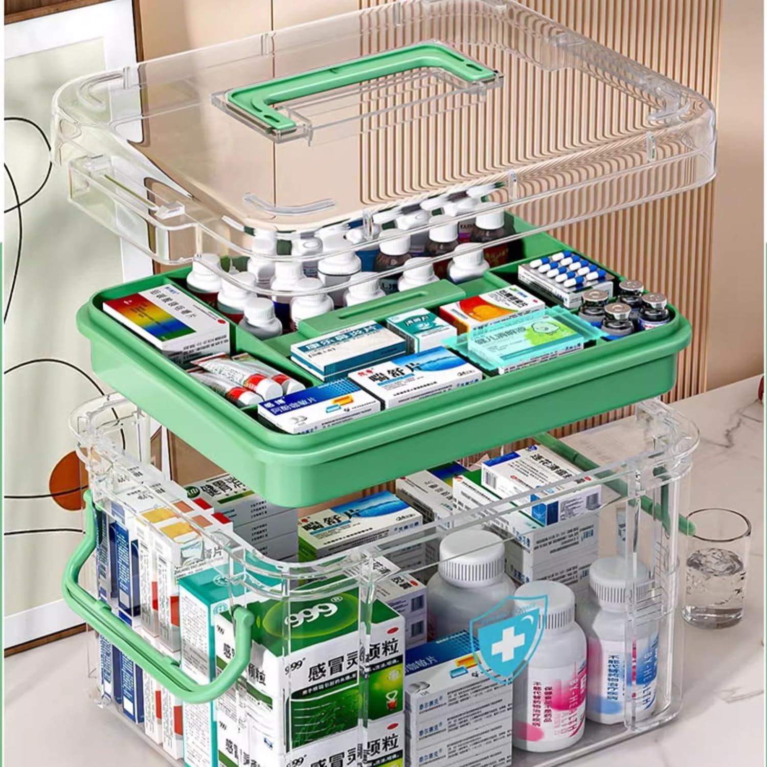 Sightday Geneeskunde Opbergdoos, Huishoudelijke Geneeskunde Opbergdoos Organisator, Dubbele Lagen EHBO-doos, Multi Grid Medicine Box, Draagbaar met Deksel Medicijnen Opbergdoos Medicijnkast voor Thuis