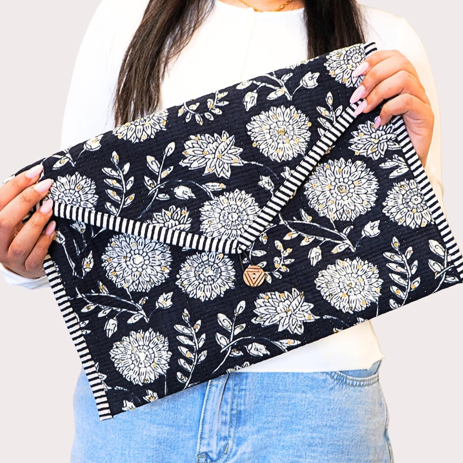 Handmade Laptop and Tablet Sleeve for Women, 13-14 Inch Laptop Sleeve for Women. Laptops and Tablets, Slim & Lightweight Cover with Padded Interior (Black & White)