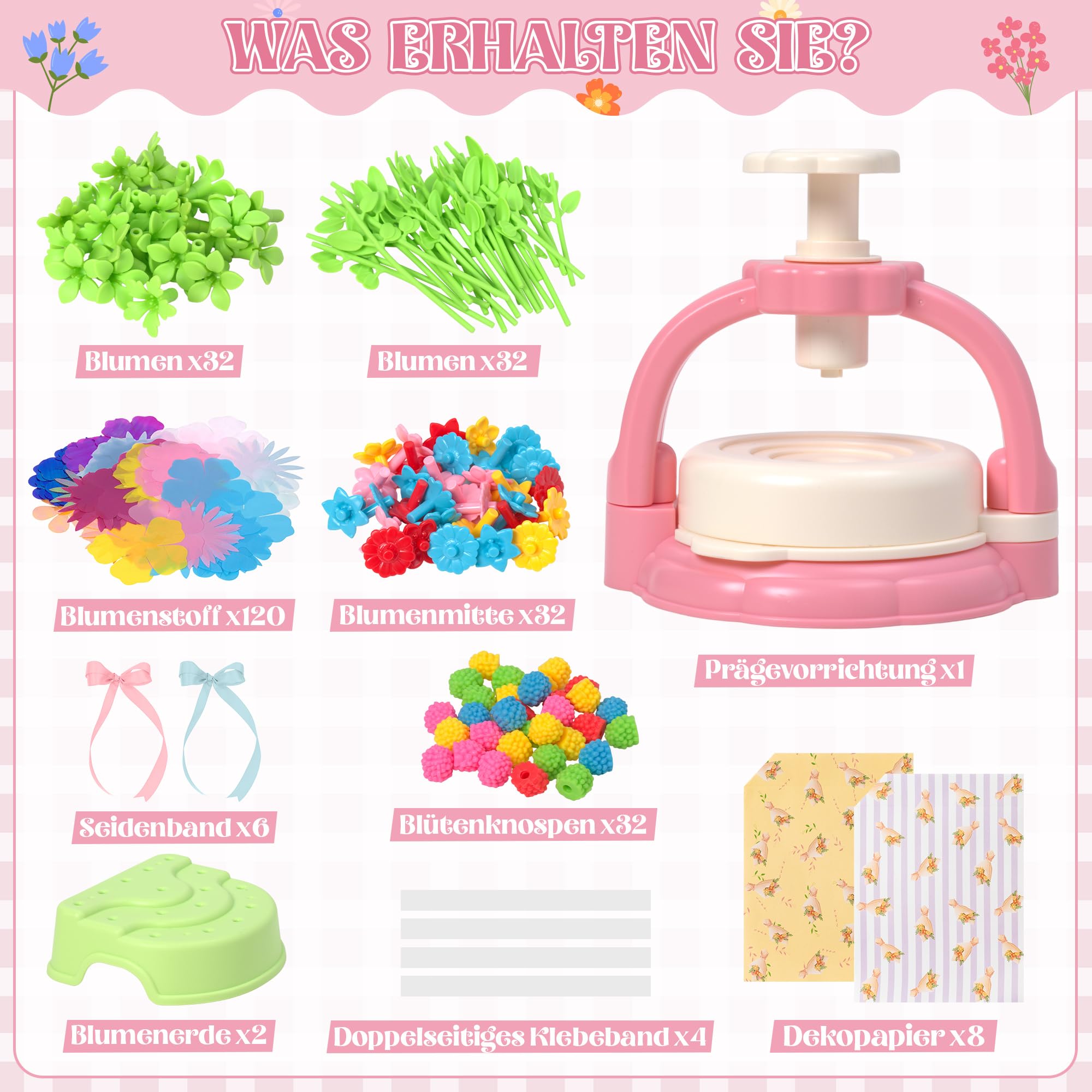 269 Stück Blumenpresse Bastelset mit Blumenmaschine Blumenkunstpapier, Kreatives DIY Schöne Stoffblumensträuße Blumen Spielzeug Kunsthandwerk für Mädchen Jungen Aktivitäten Geburtstagsgeschenk, Rosa
