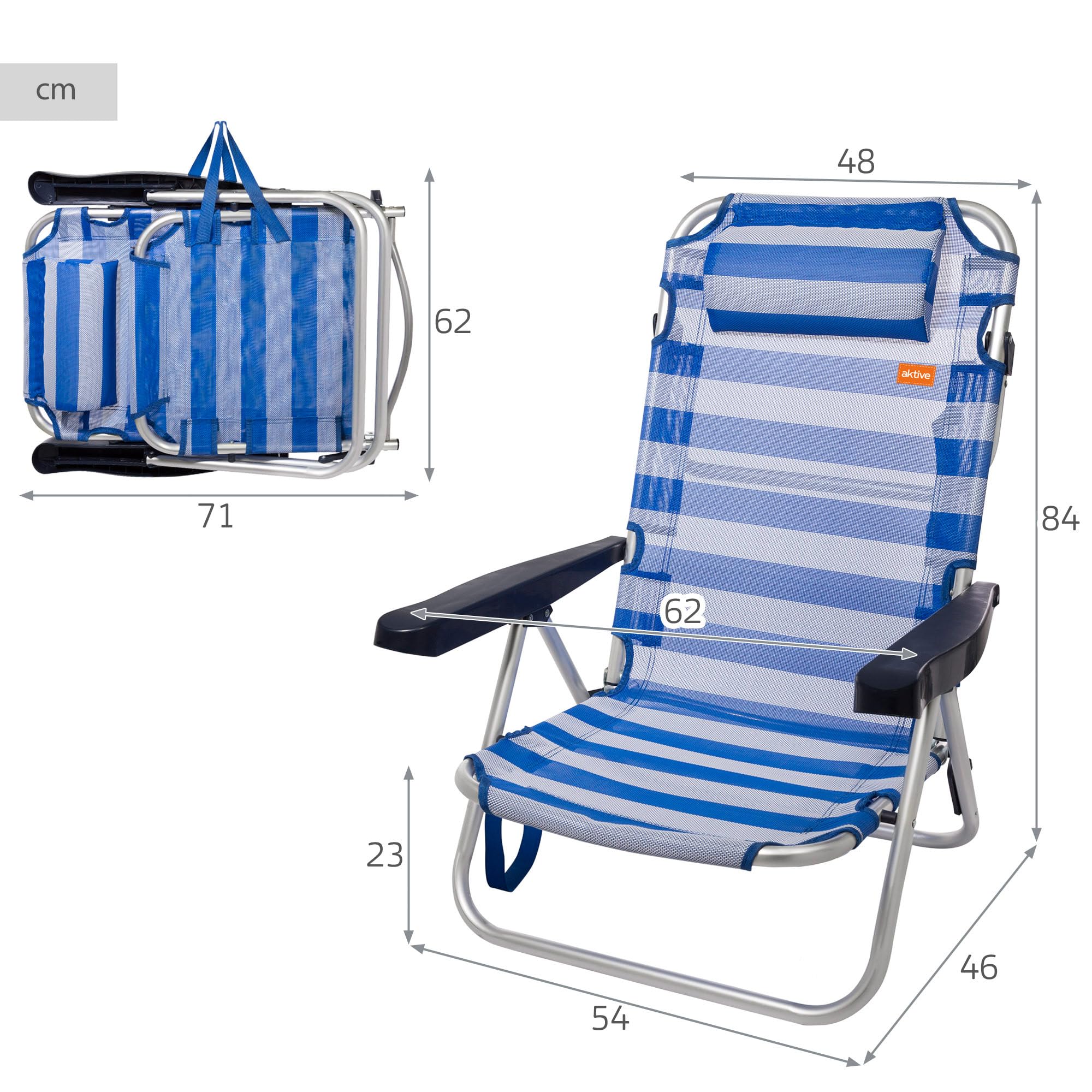 AKTIVE Lot de 2 chaises Pliantes Multipositions pour Plage, Jardin, terrasse ou Camping, 5 Positions différentes, Dimensions 48 x 46 x 84 cm, Hauteur 21 cm, renforcées avec poignée pour Le
