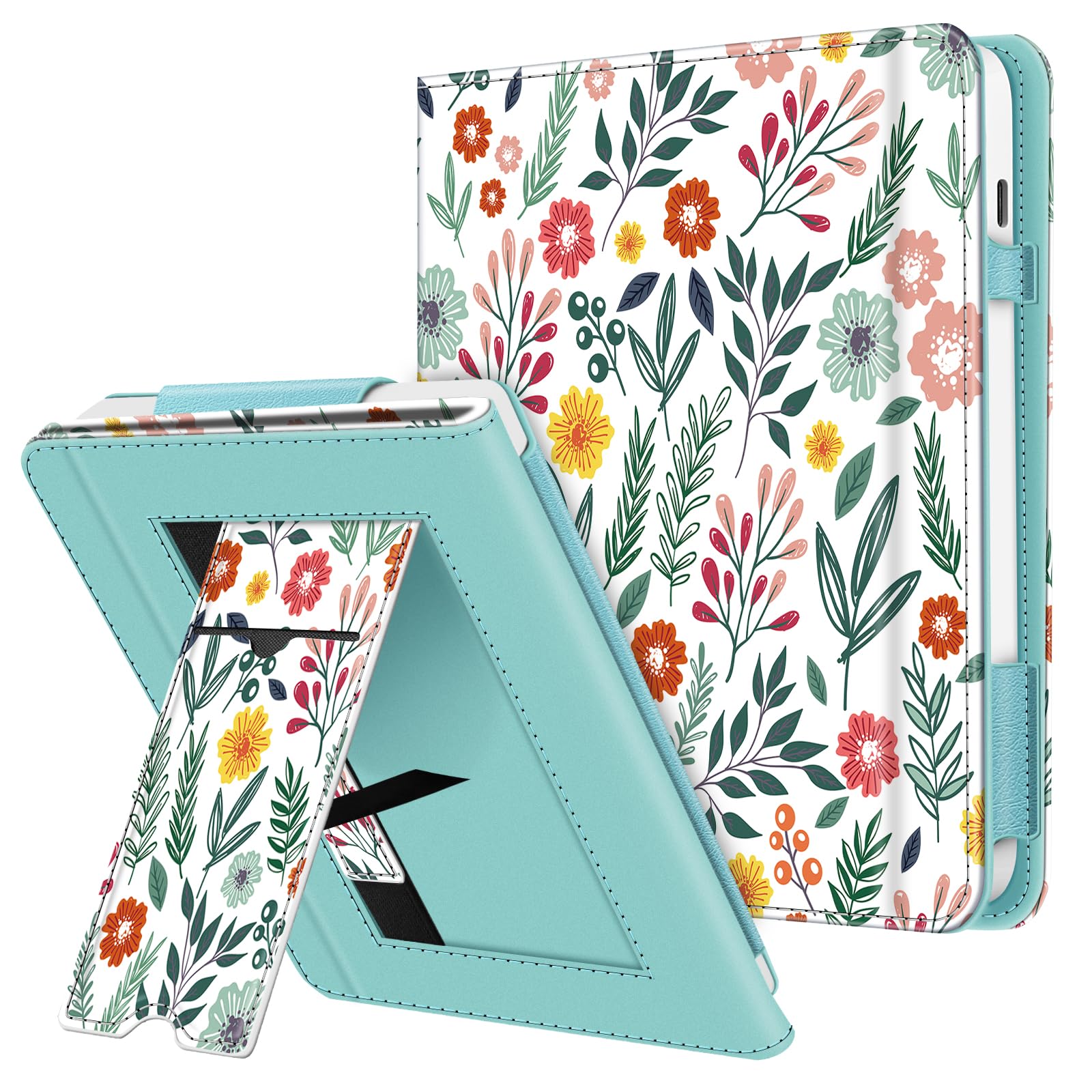 FINTIE Étui Compatible avec 7" Kobo Libra Colour 2024 / Kobo Libra 2 2021 (Modèle: N428 / N418), Coque Liseuse avec Béquille et Fente pour Carte et Dragonne, Fleur Printanière