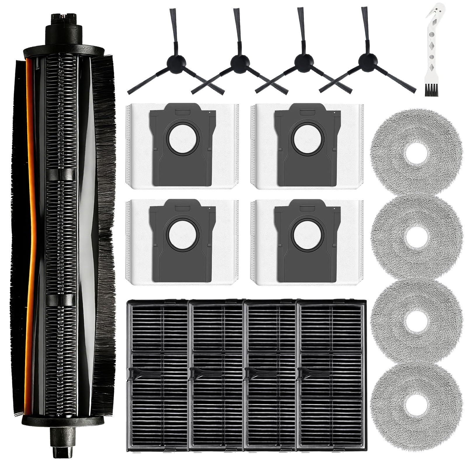 18 Stück Zubehör für Dreame L10s Pro Ultra Heat / L10s Ultra Gen 2 / X30 Ultra/Mova E30 Ultra Saugroboter mit Hauptbürste, 4 Staubbeutel, 4 HEPA-Filter, 4 Wischtücher, 4 Seitenbürsten,1 bürste