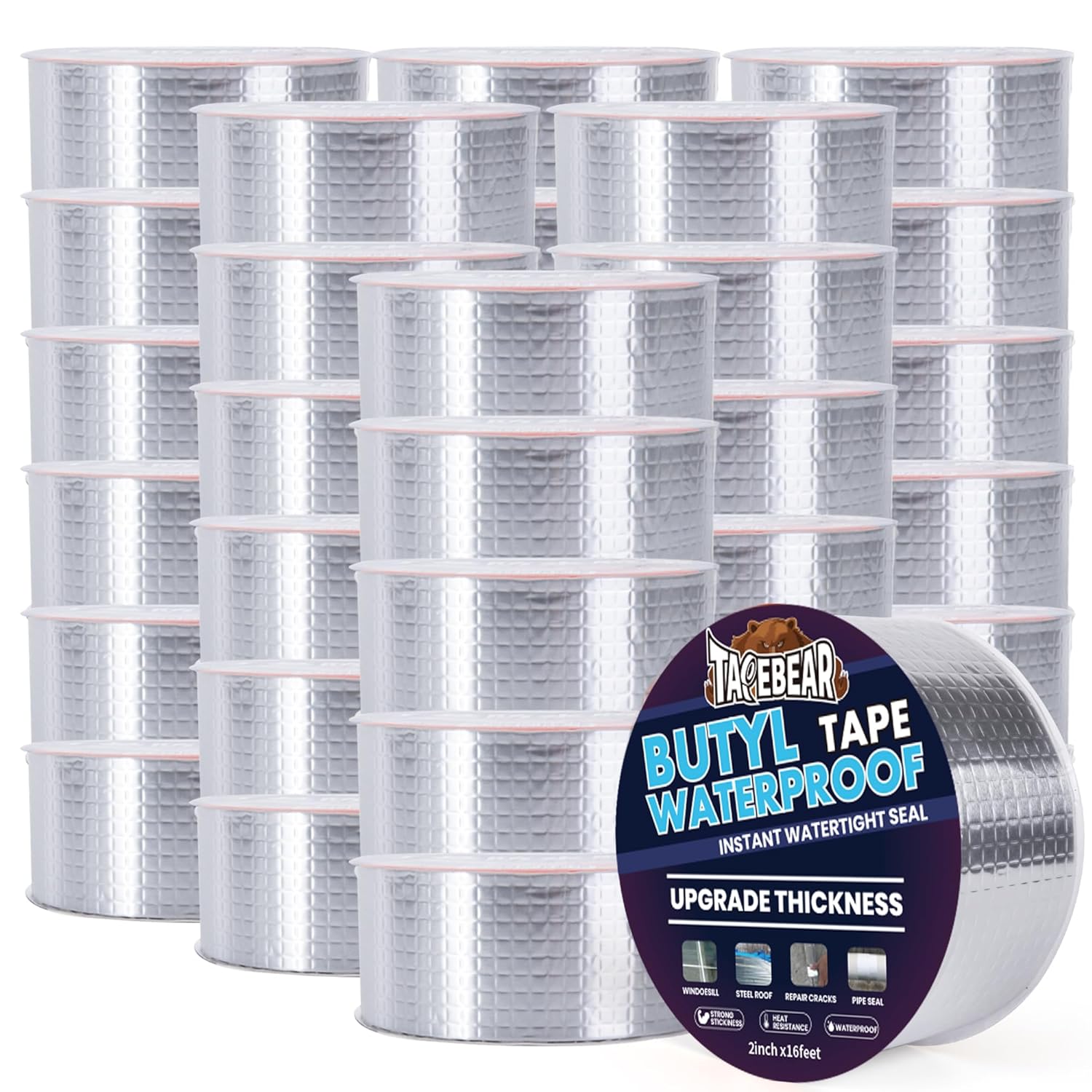 TAPEBEAR 36Rolls Extra Thicker Butyl Tape Waterproof 2inch x16feet, 51mil Aluminum Butyl Sealant Tape, Duct Sealing Adhesive for RV Roof Repair, Boat and Pipe Sealing, Metal, Roof Leak Patching