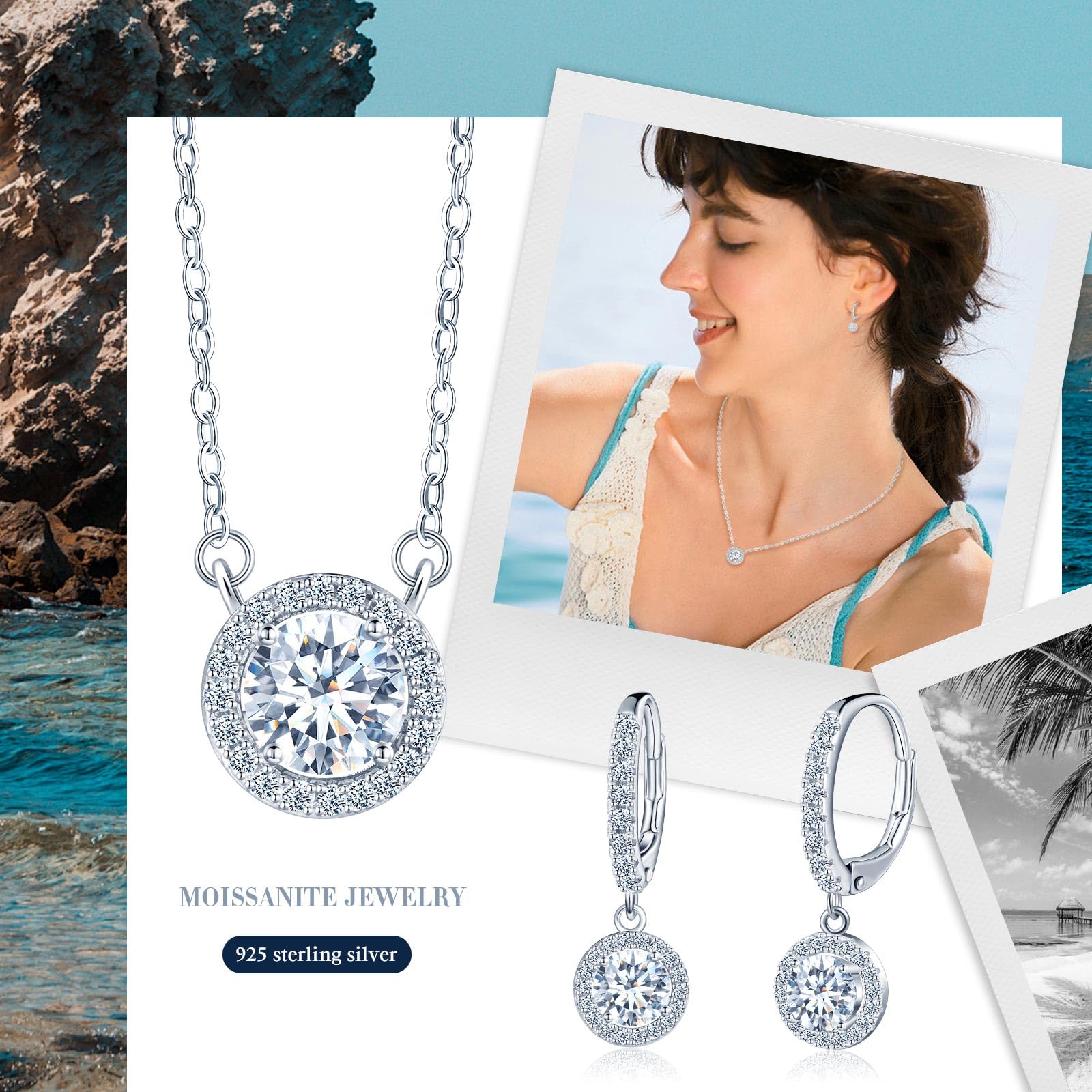 Moissanite Hängende Ohrringe Halo und Halskette Silber 925 für Damen 1 Karat Moissanite Diamant Kette und Moissanit Creolen mit Anhänger, Silber Schmuckset für Frauen Freundin