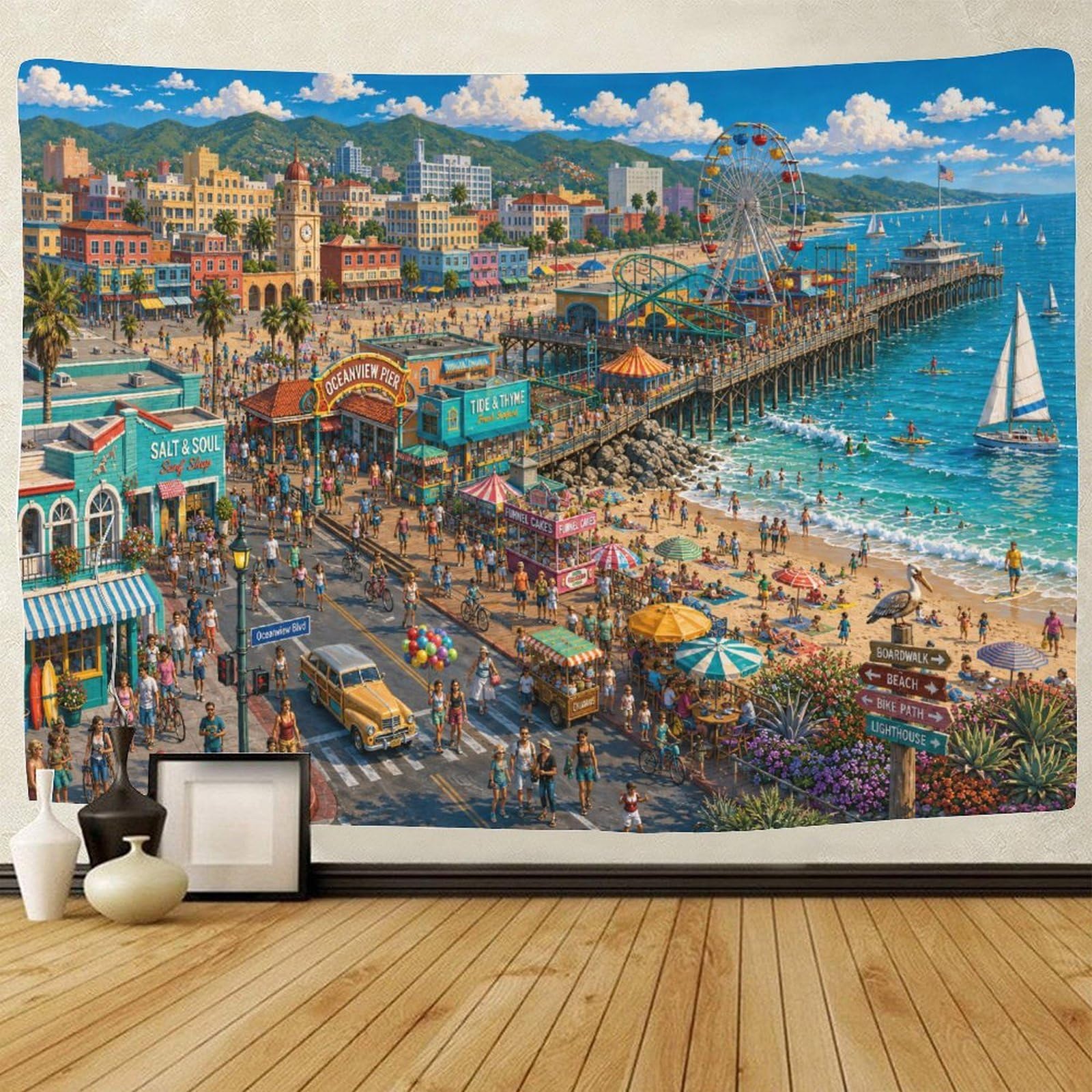 ASDFGHJKLZA Santa Monica Pier 3D Print Tapestry Wall Art Decor Wall Hanging Decor California Beach Tapestries Home Decoration Curtain Bedroom Living Room 150cmx200cm