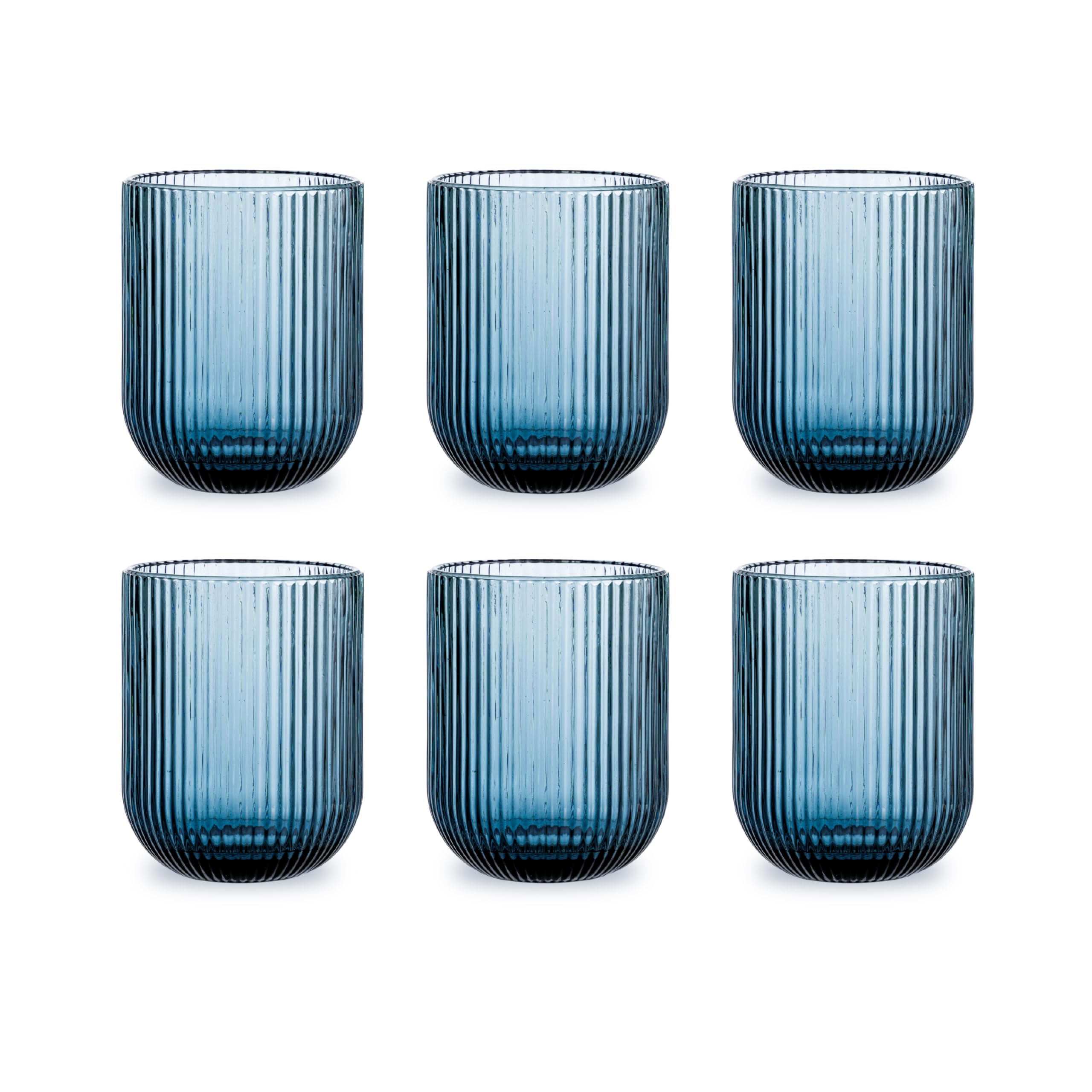 Baroni Home Set 6 pz di Bicchieri in Vetro Colorati e Decorati con Righe in Rilievo 30 CL, Bicchieri Eleganti Lavabili in Lavastoviglie, 8x8x10 cm, Blu