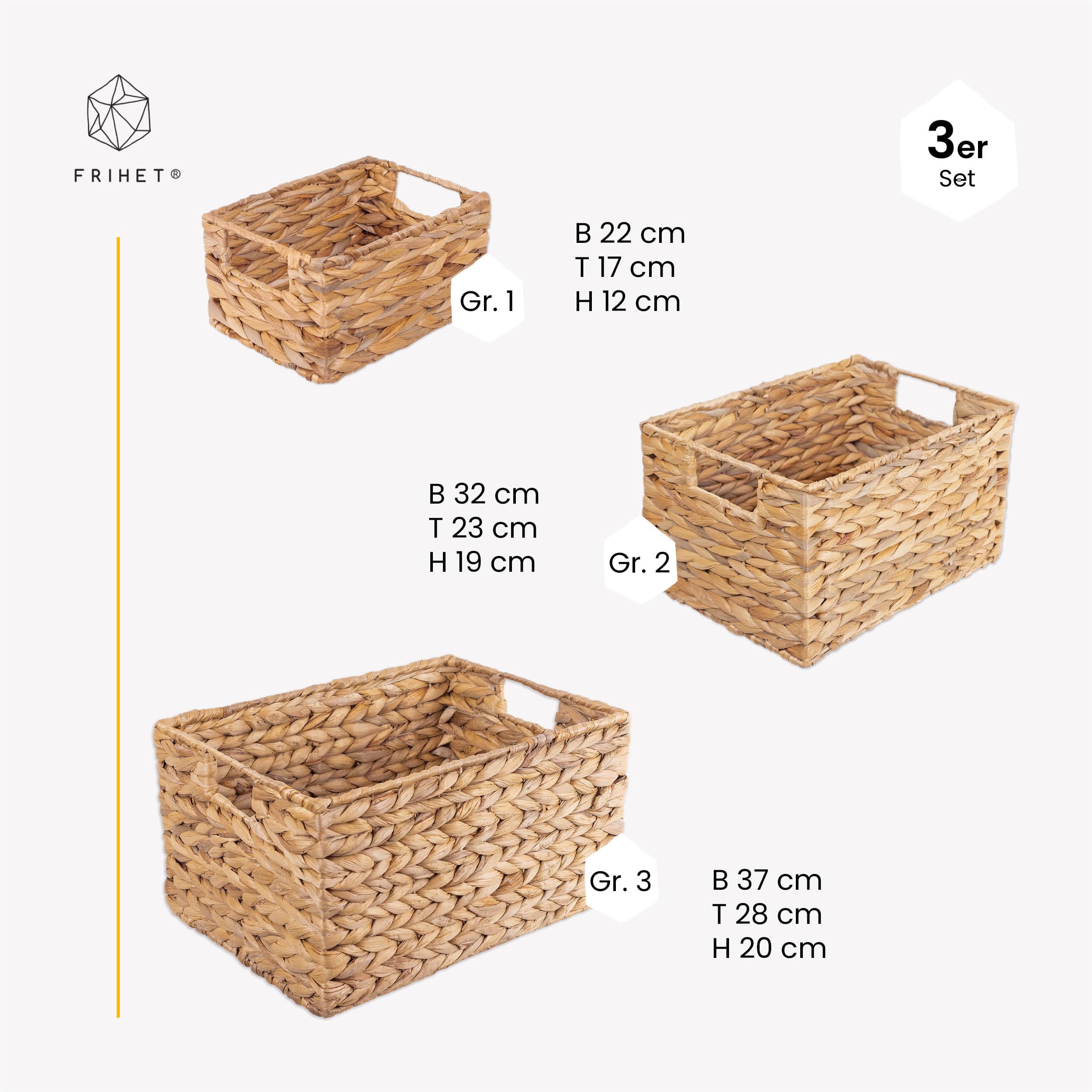 FRIHET Panier de rangement rectangulaire tressé en jacinthe d'eau | Boîte de rangement avec poignées | Petit panier à linge | Organiseur de penderie etc. | Différentes tailles (lot de 3, taille 1+2+3)