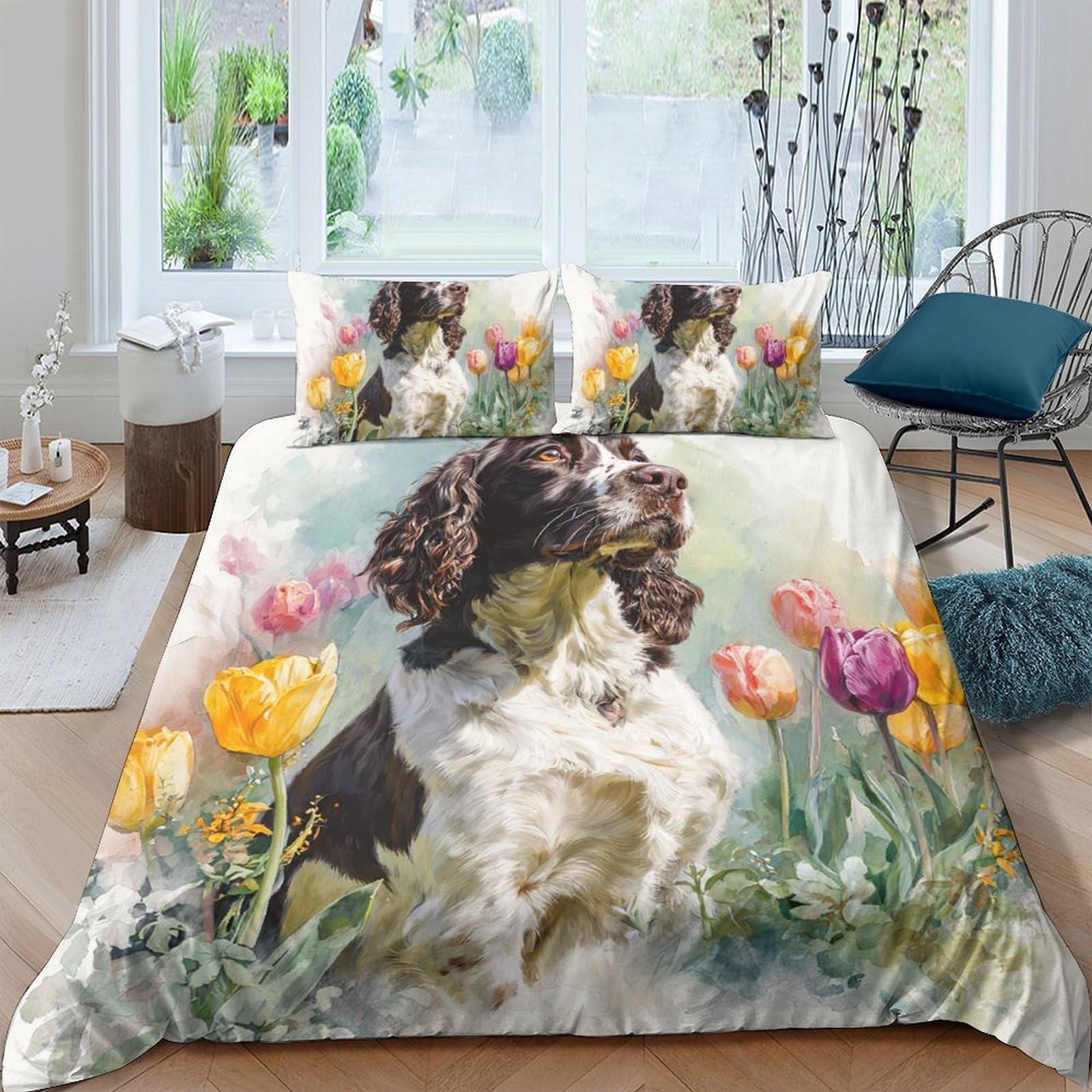 Ctjqhvkz Style-9 3D Printed Springer Spaniel Dog Fitted Sheet Microfiber Soft Tulip Field Mattress Cover Bedroom Home Decor Single（135X200cm）