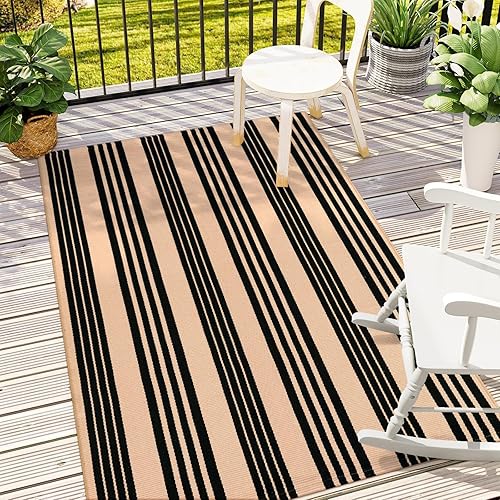 Vista 24 de Alfombra de exterior a rayas blancas y negras, 2 x 3 pies, de algodón, moderna, tejida a mano, reversible, para porche, puerta de bienvenida, 1 tira