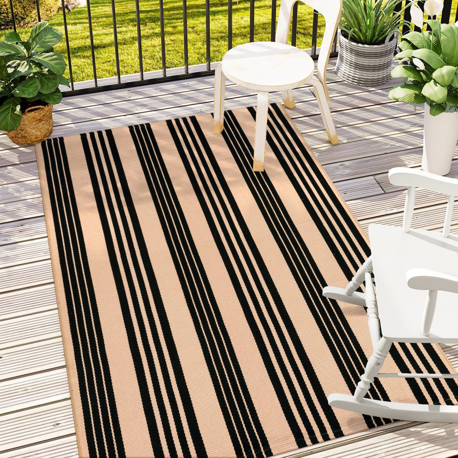 LEEVAN Black and Tan Outdoor Rug 4x6ft, Cotton Farmhouse Striped Porch Rugs Hand-Woven Front Door Mat Modern Patio Rug Washable Indoor/Outdoor Area
