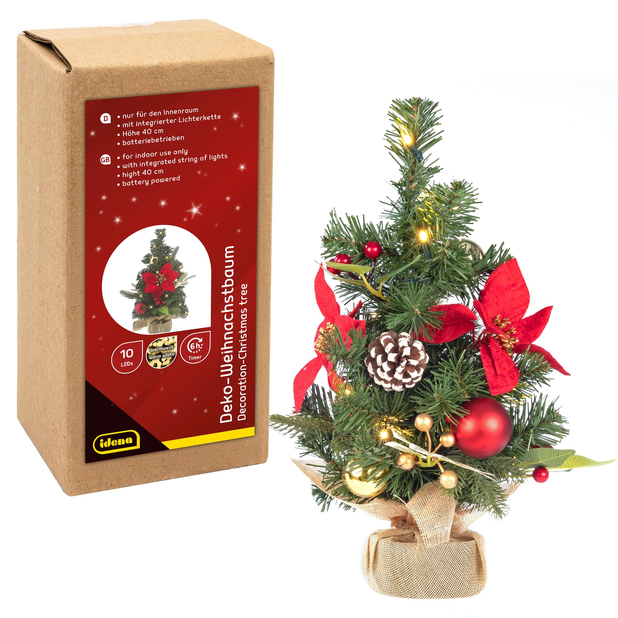 Idena 31901 – dekoracyjna choinka z 10 diodami LED w kolorze ciepłej bieli, ok. 40 cm, choinka z ozdobami w kolorze czerwono-złotym, dekoracja świąteczna do wnętrz, zasilana bateryjnie z timerem
