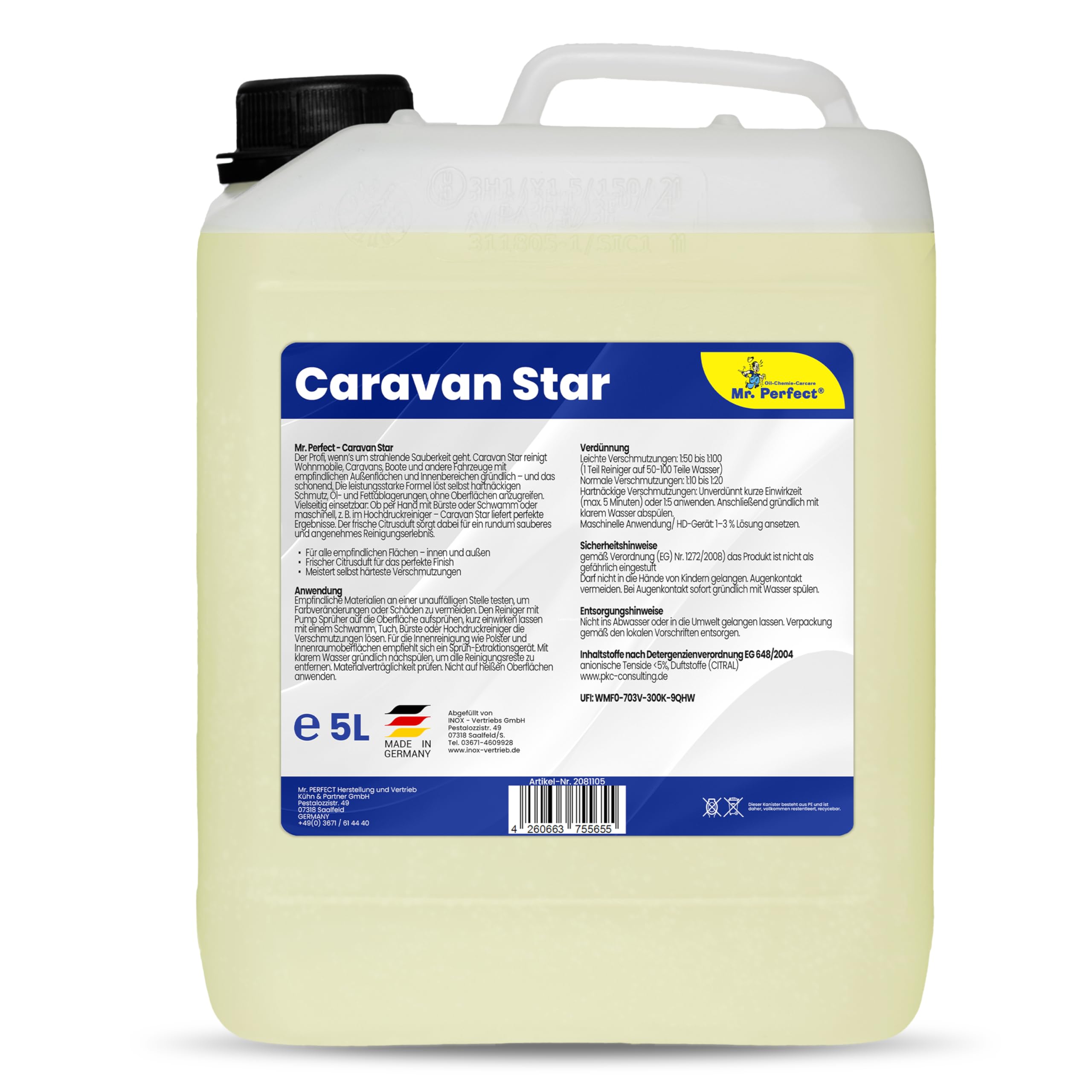 Mr. Perfect® Caravan Star Reiniger 5L | Wohnwagenreiniger entfernt Regenstreifen und Dreck | Wohnmobil Reiniger für empfindliche Oberflächen auch mit Hochdruckreiniger | Angenehmer Citrus-Duft