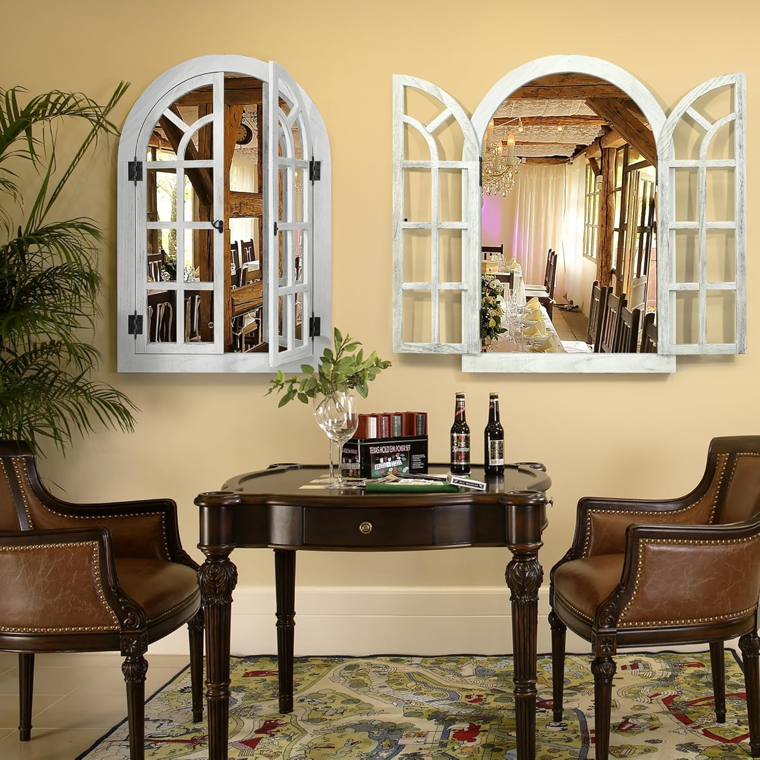 Window Mirrors for Wall Decor -White Arched Wall Mirror Farmhouse Wall Decor Wood Frame Decorative Wall Mirrors Like Window for Bedroom, Living Room, Entrance, Dining Room