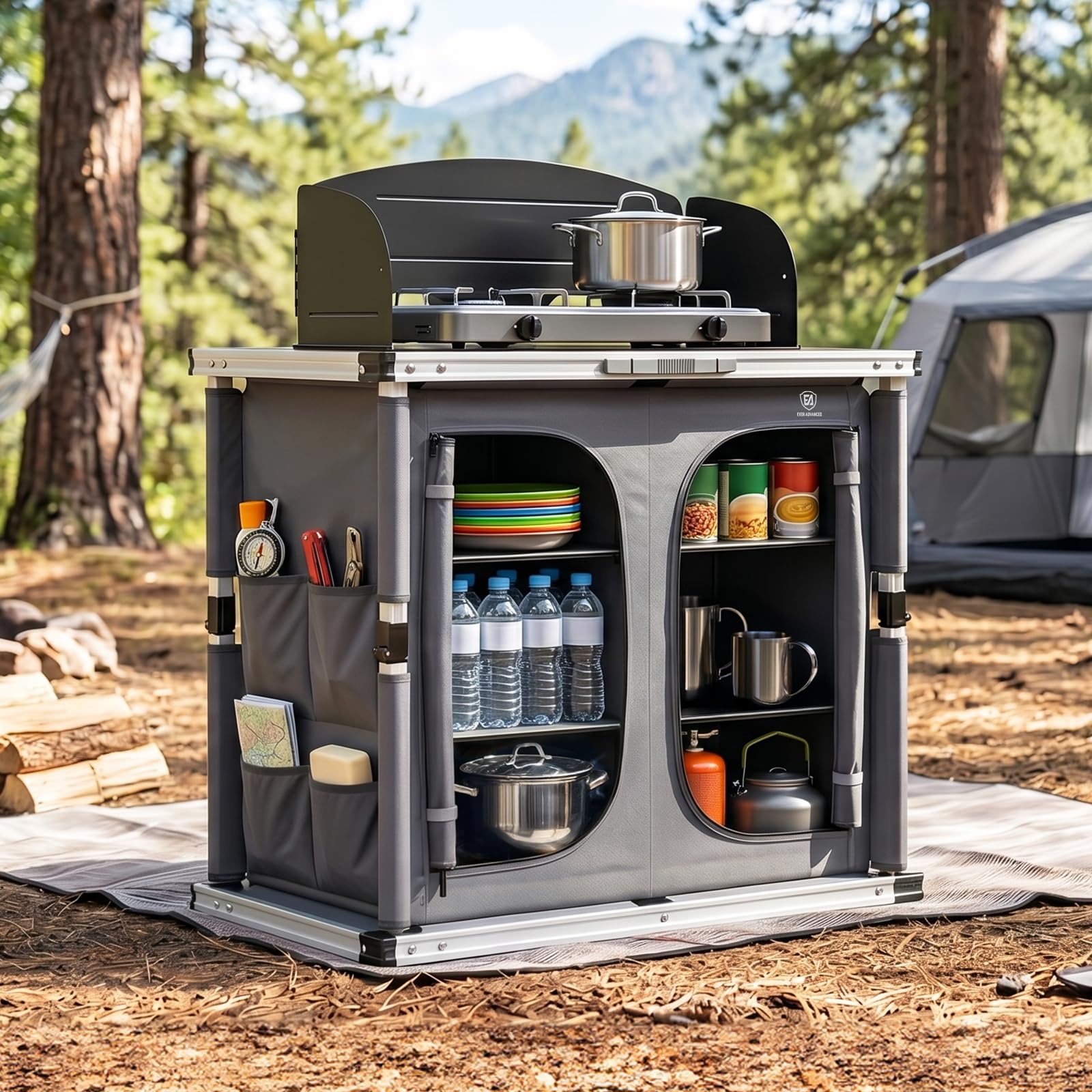 EVER ADVANCED XXL Campingküche Outdoor Faltbar mit Windschutz Campingschrank Klappbar Vorzelt mit Aluminiumgestell & Tragetasche Camping Regal Campingmöbel Küchenbox