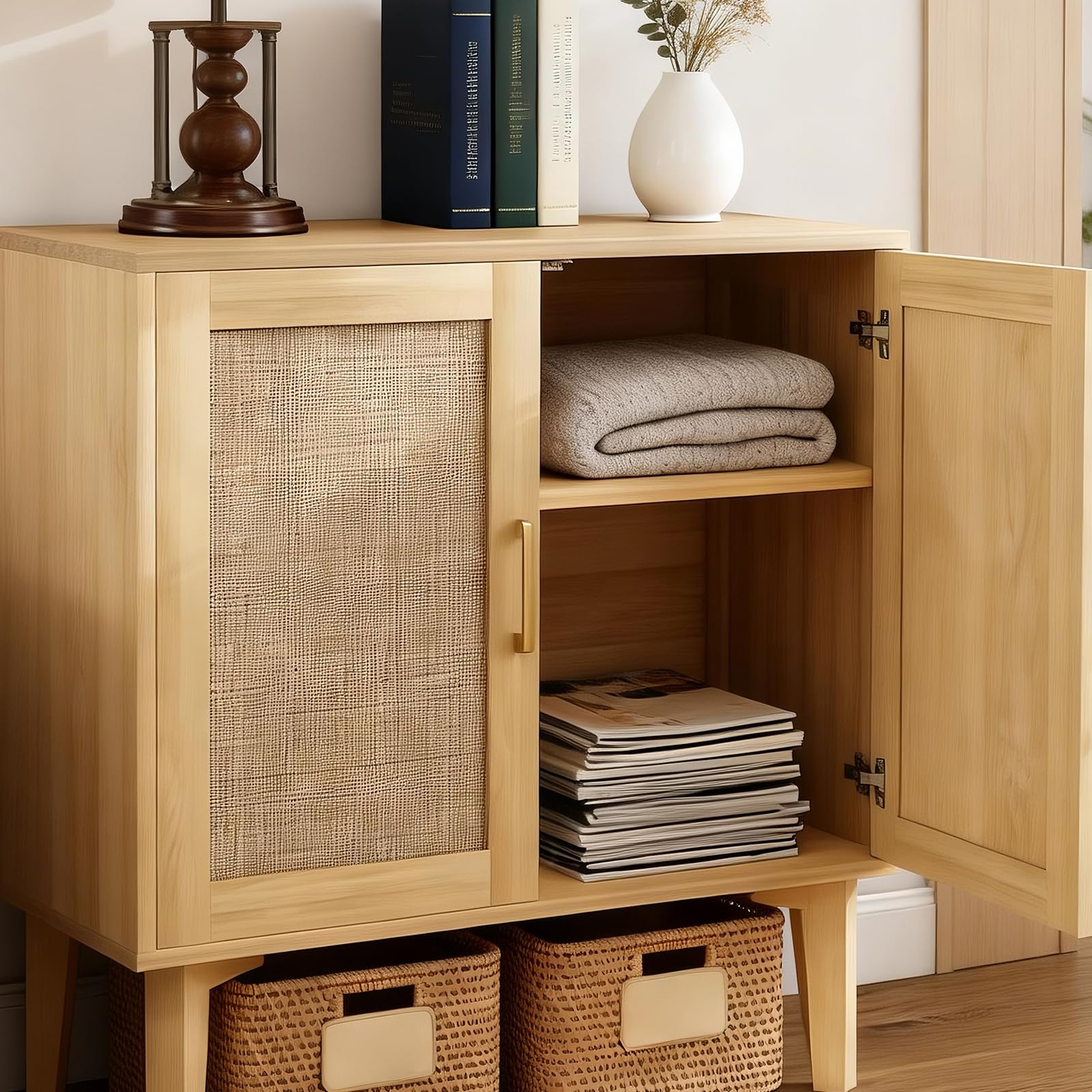 Dpofirs Buffet Cabinet avec Portes en Rotin Pieds en Bois Massif pour