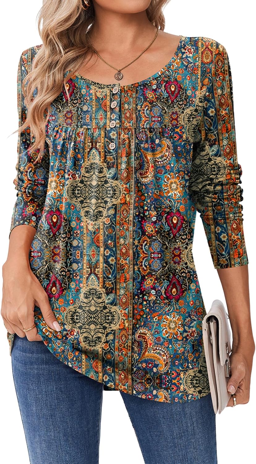 Zeagoo Long Sleeve Shirts for Women Fall Fashion Dressy Casual Blouses Trendy Pleated Tunic Tops for Leggings 2025