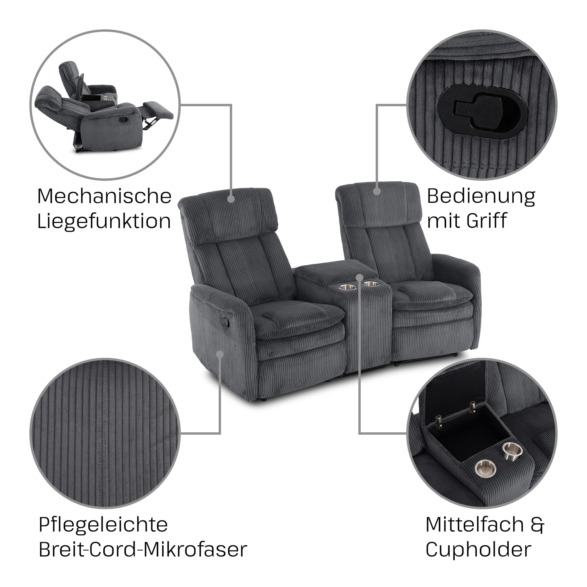 Raburg Kinosessel, 2er-Fernsehsessel mit Relaxfunktion & Liegefunktion, mechanisch, für 2 Personen, Taschenfederkern-Polsterung, Belastbarkeit je Sitzplatz 150 kg, Maxx, Breit-Cord-Mikrofaser|Graphit