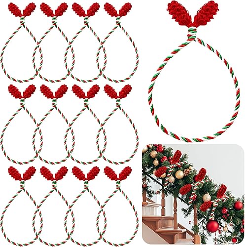12pcs 20 Inches Christmas Garland Ties, Reusable and Flexible Xmas Garlands Wreath Twist Tie for Banister Railing Stairs Tree Home Holiday Decoration Craft Wrapping(Red Green White)