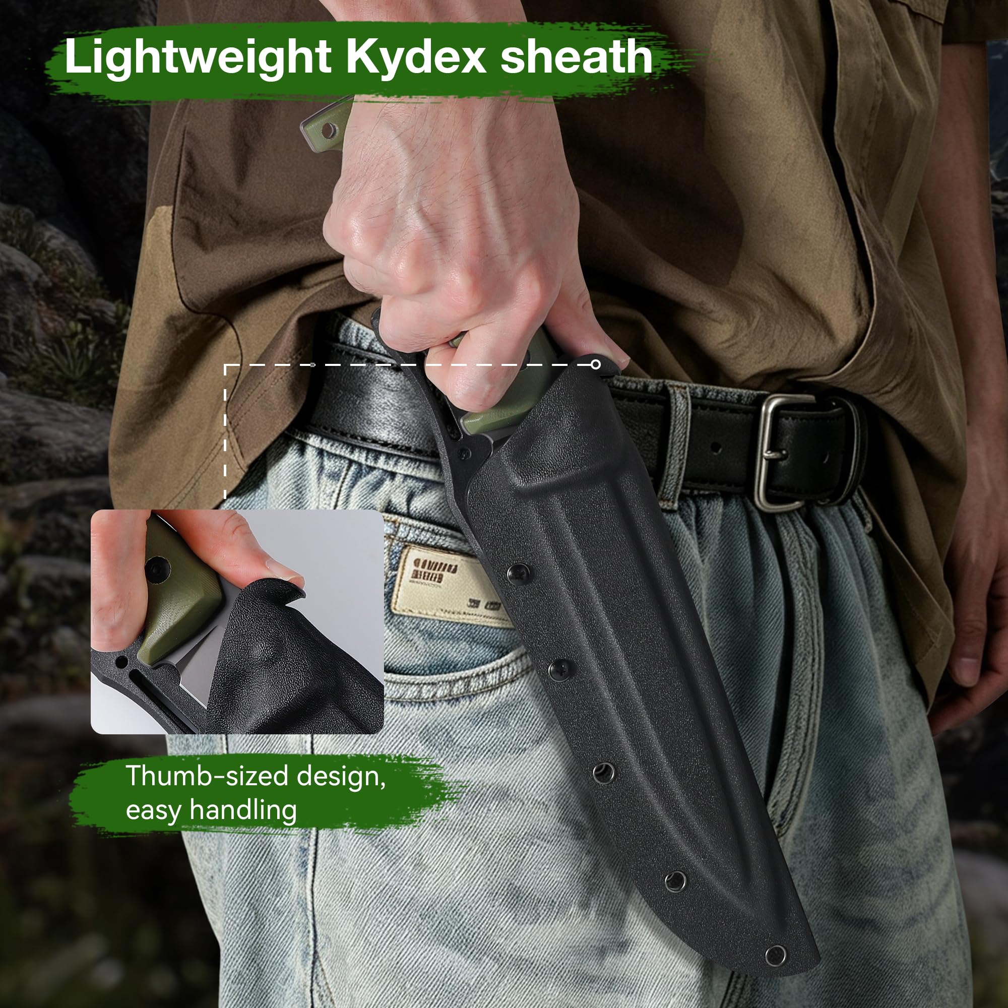 Plys Cuchillo de Supervivencia, Full Tang con Hoja Chapada en Titanio, Mango de G10, Ideal Para Acampar y Cortar Leña, un Regalo Estupendo Para Hombres,Verde