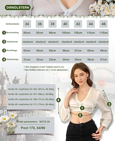 DIRNDLSTERN Bluse Damen Weiß - Dirndlbluse Langarm V-Ausschnitt Knopfleiste Trachtenbluse für Oktoberfest & Karneval - 5