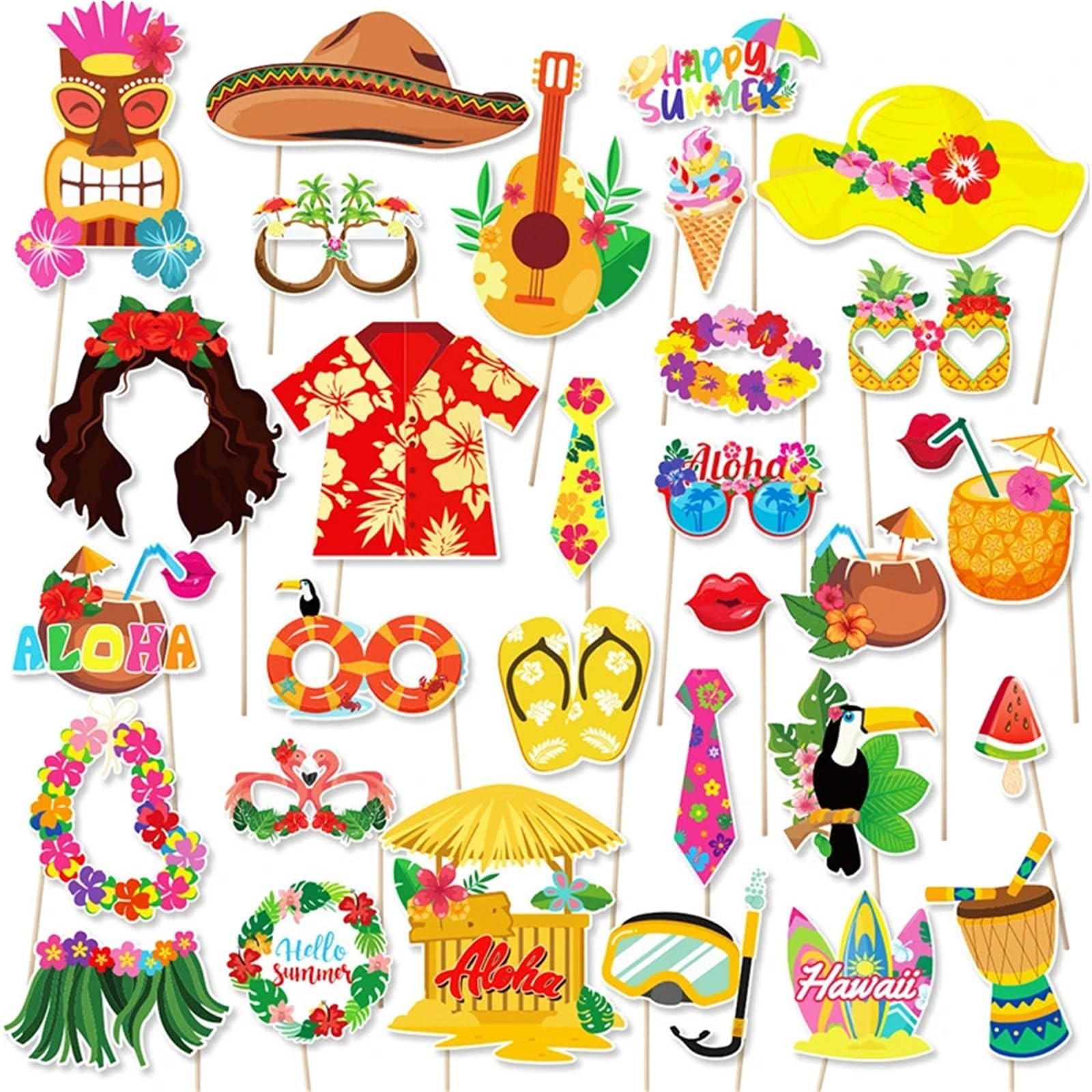 30pcs Hawaiian Party Decorations - Pineapple & Flamingo Photo Booth Props for Beach Pool Aloha Party Supplies